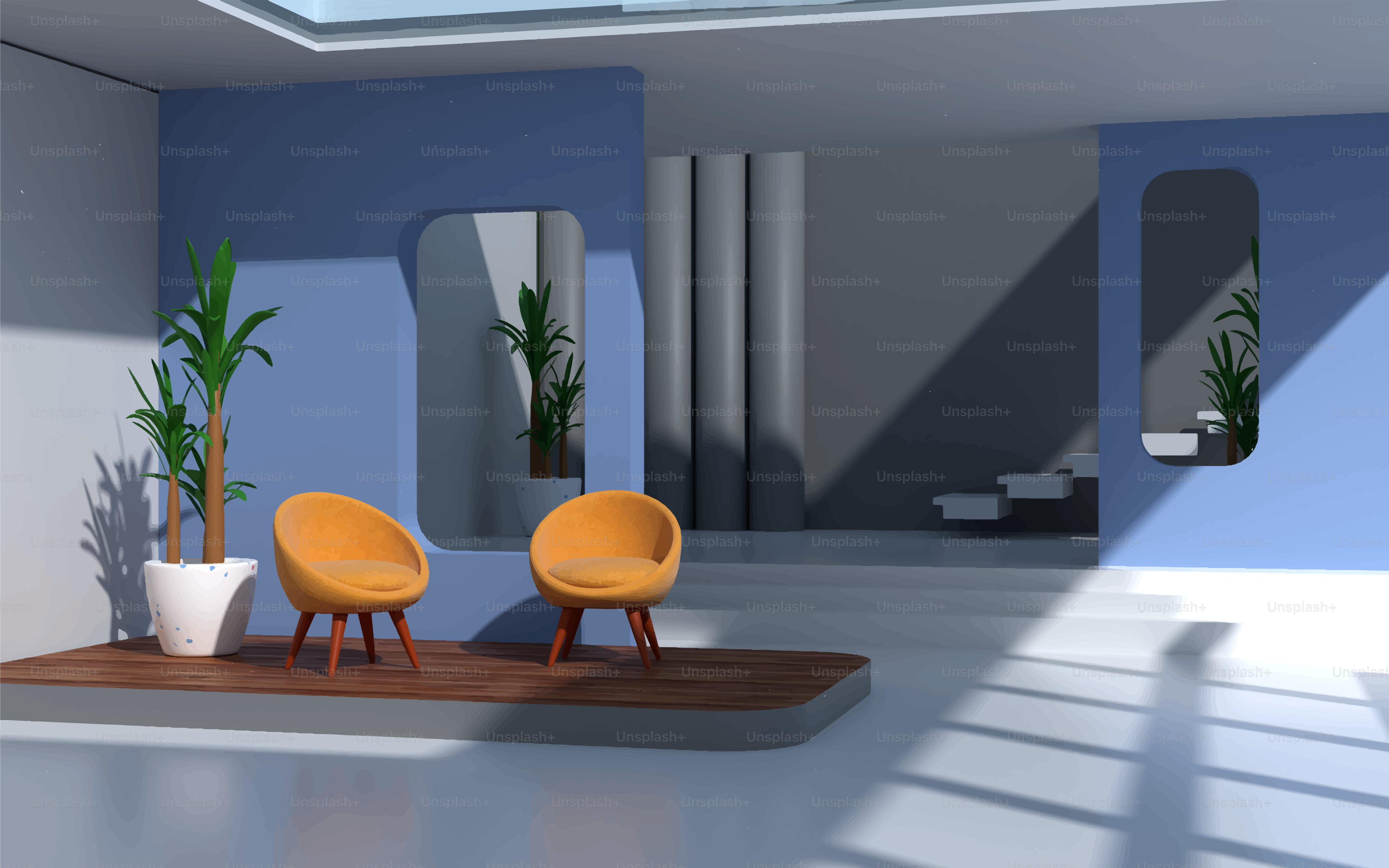 Diseño interior moderno con sillas y plantas naranjas.