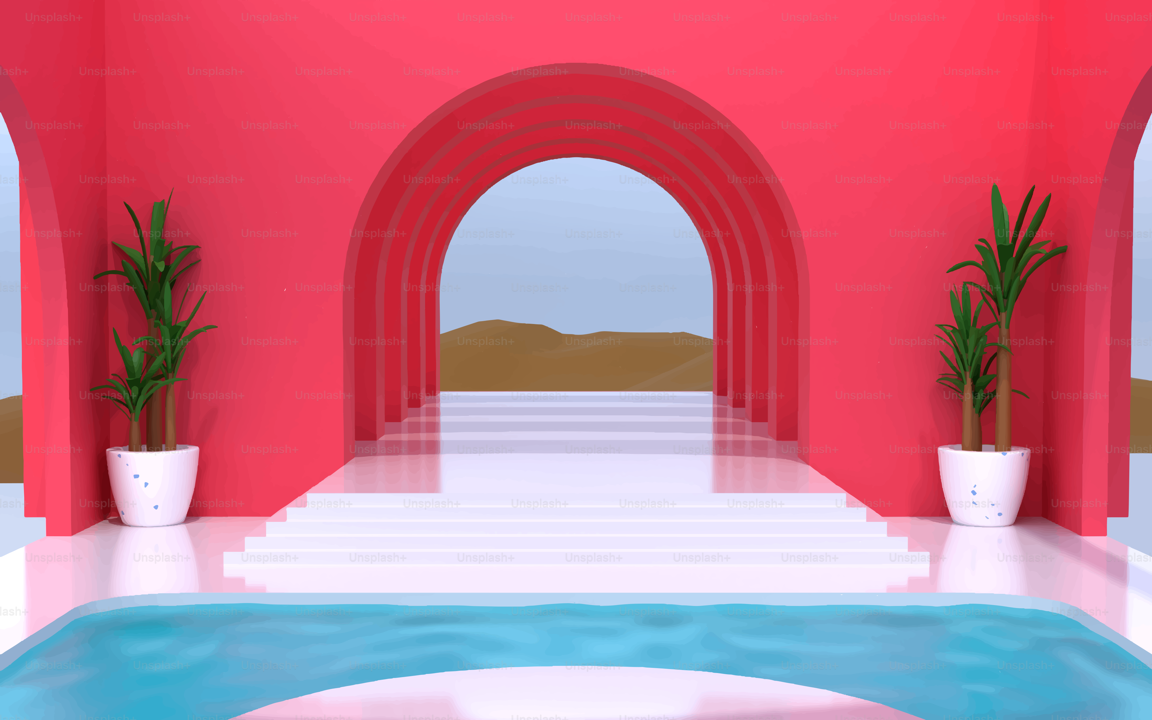 Rote Bögen mit Topfpflanzen und einem Schwimmbecken