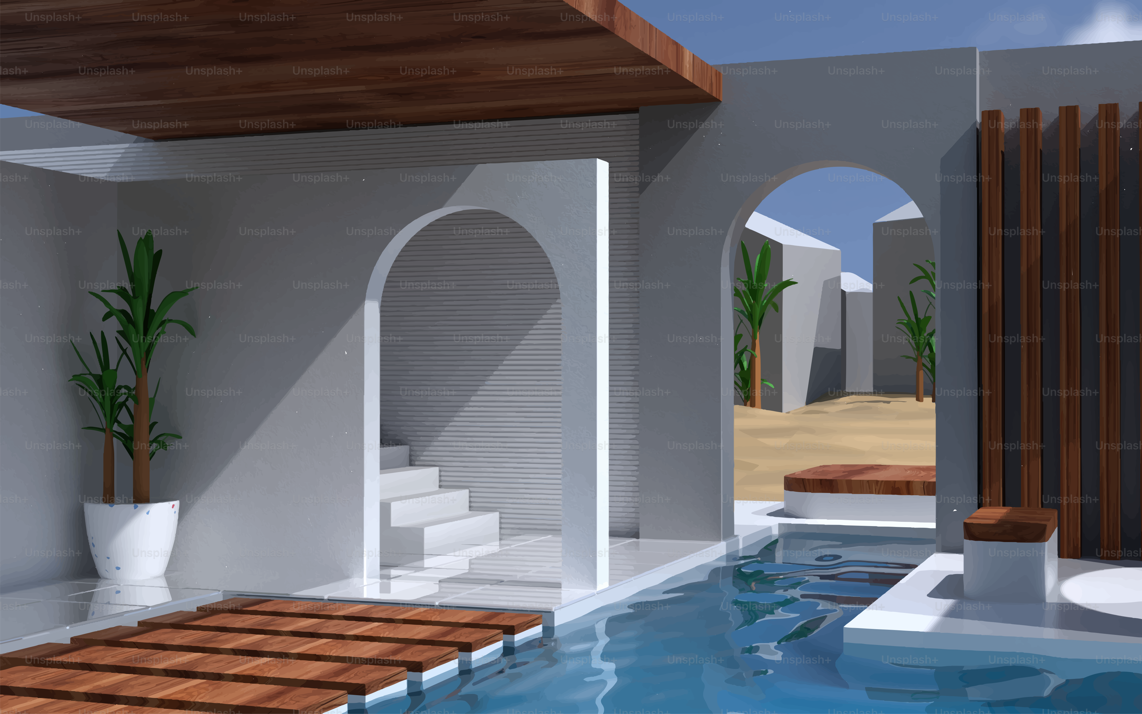 Area piscina esterna moderna con archi architettonici e piante.