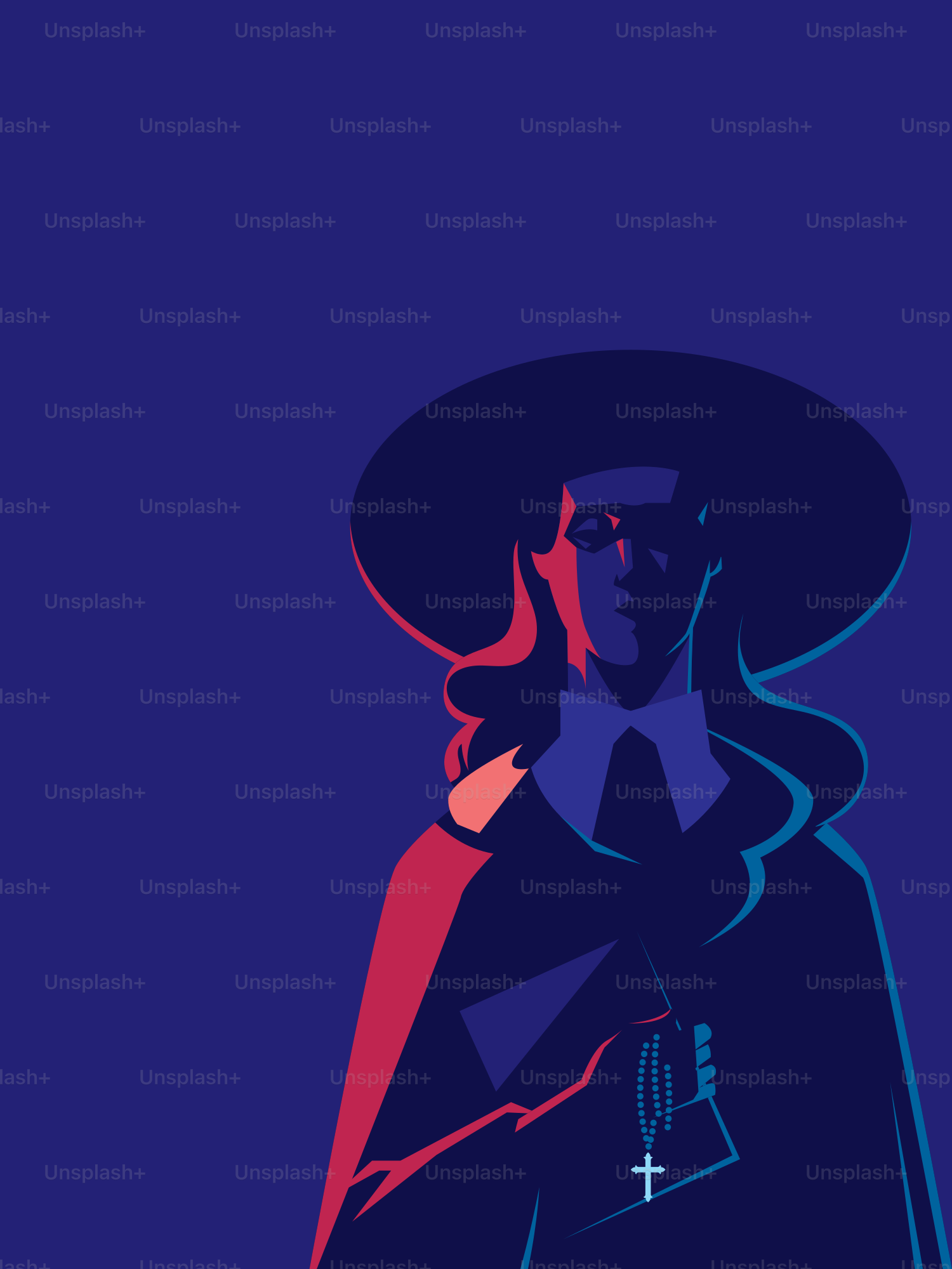 Uma pessoa com trajes históricos segurando um livro e um terço.