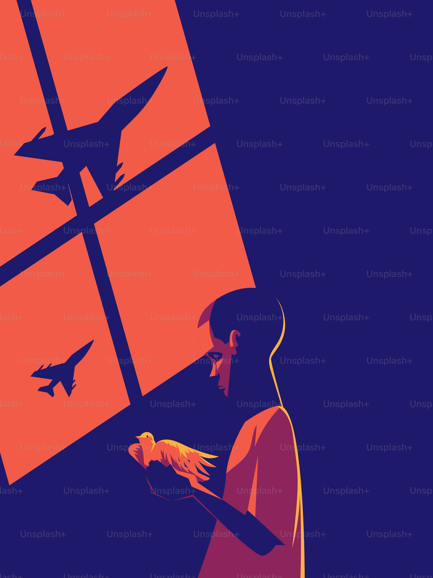 Child holds dove near window with fighter jets