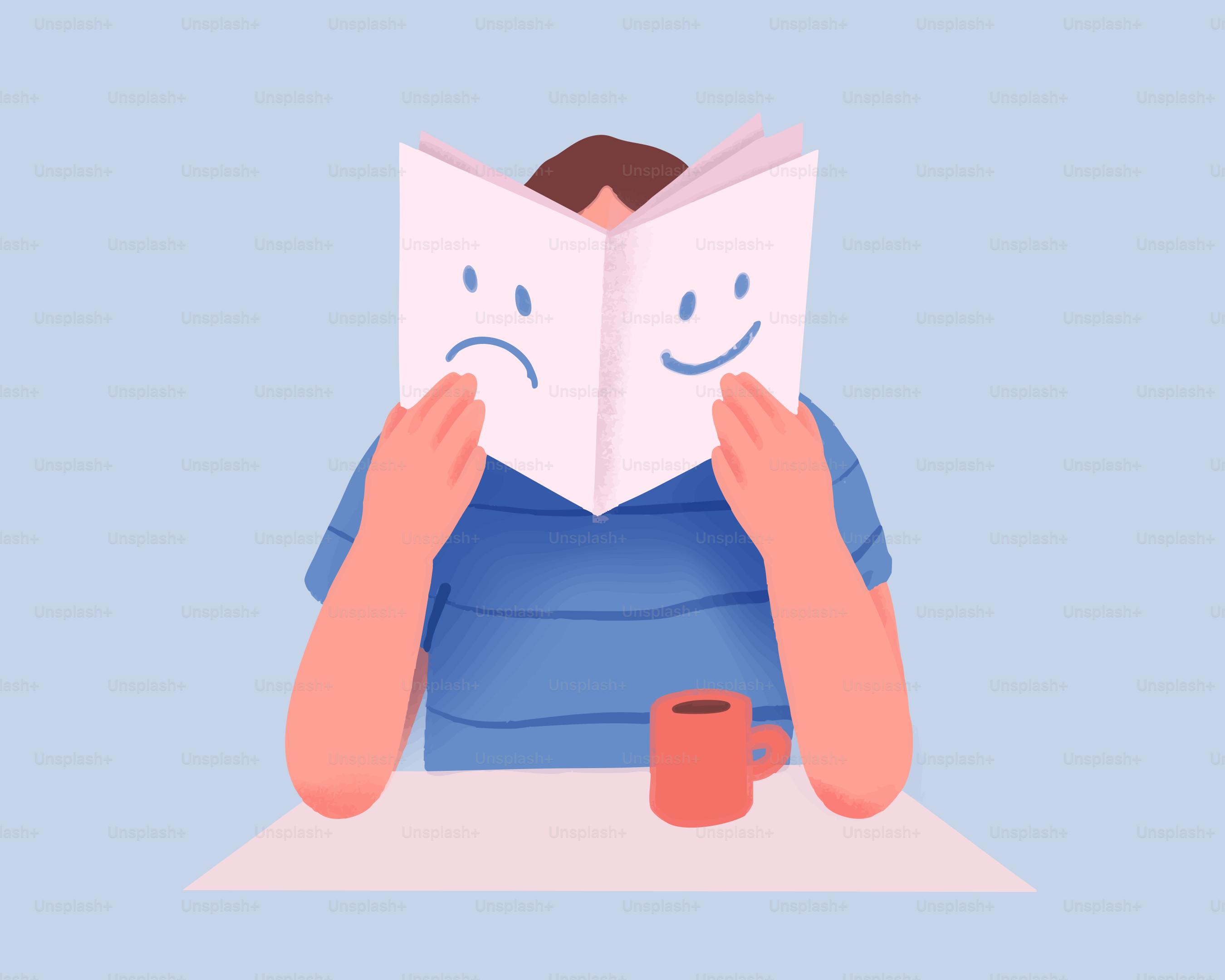 행복한 얼굴과 슬픈 얼굴로 책을 읽는 사람. 벡터 – Unsplash의 책 이미지, image size:3000x2400