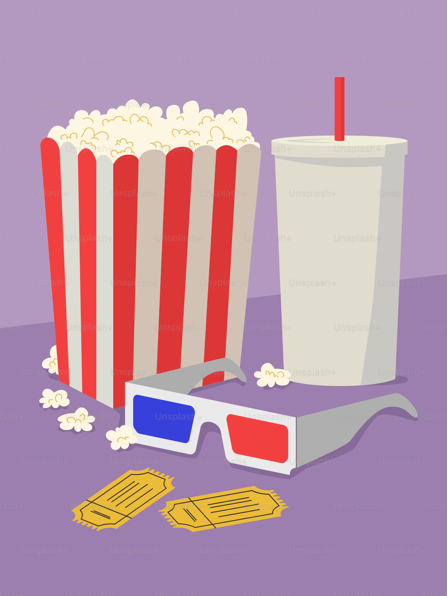Popcorn, soda, 3D glasses, and tickets for movie.