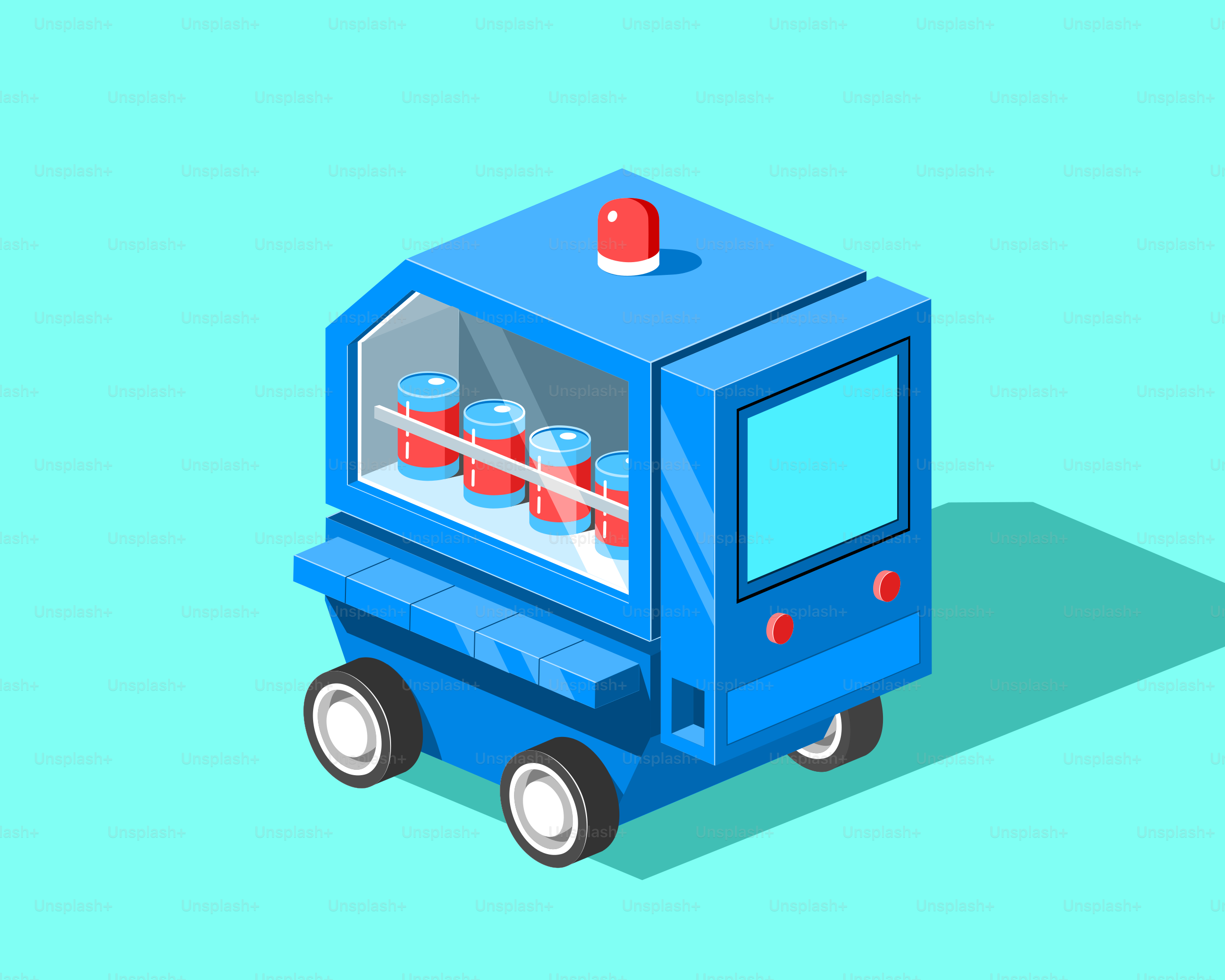 Un carrito de venta azul con bebidas adentro.