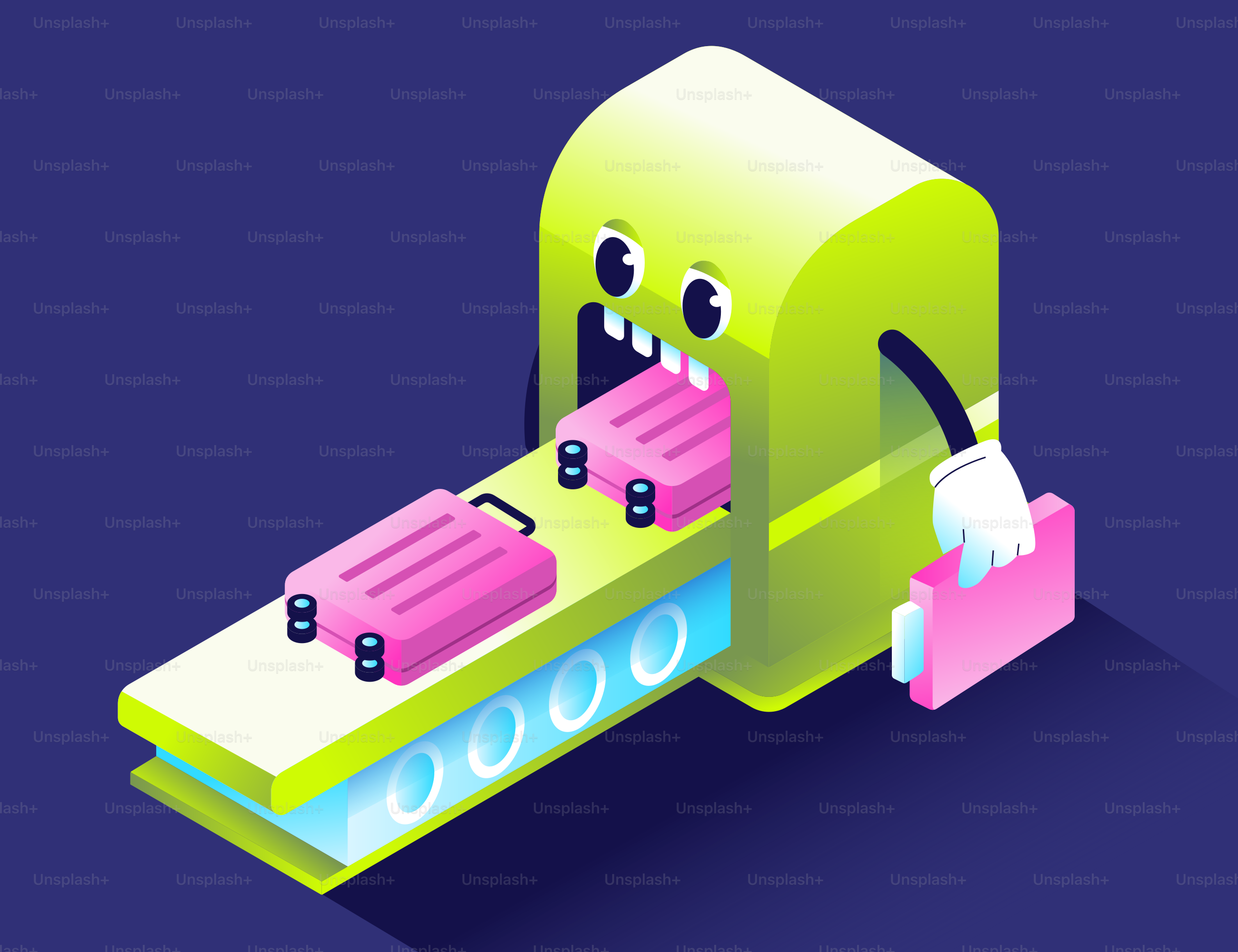 Cartoon machine eating pink suitcases on conveyor belt