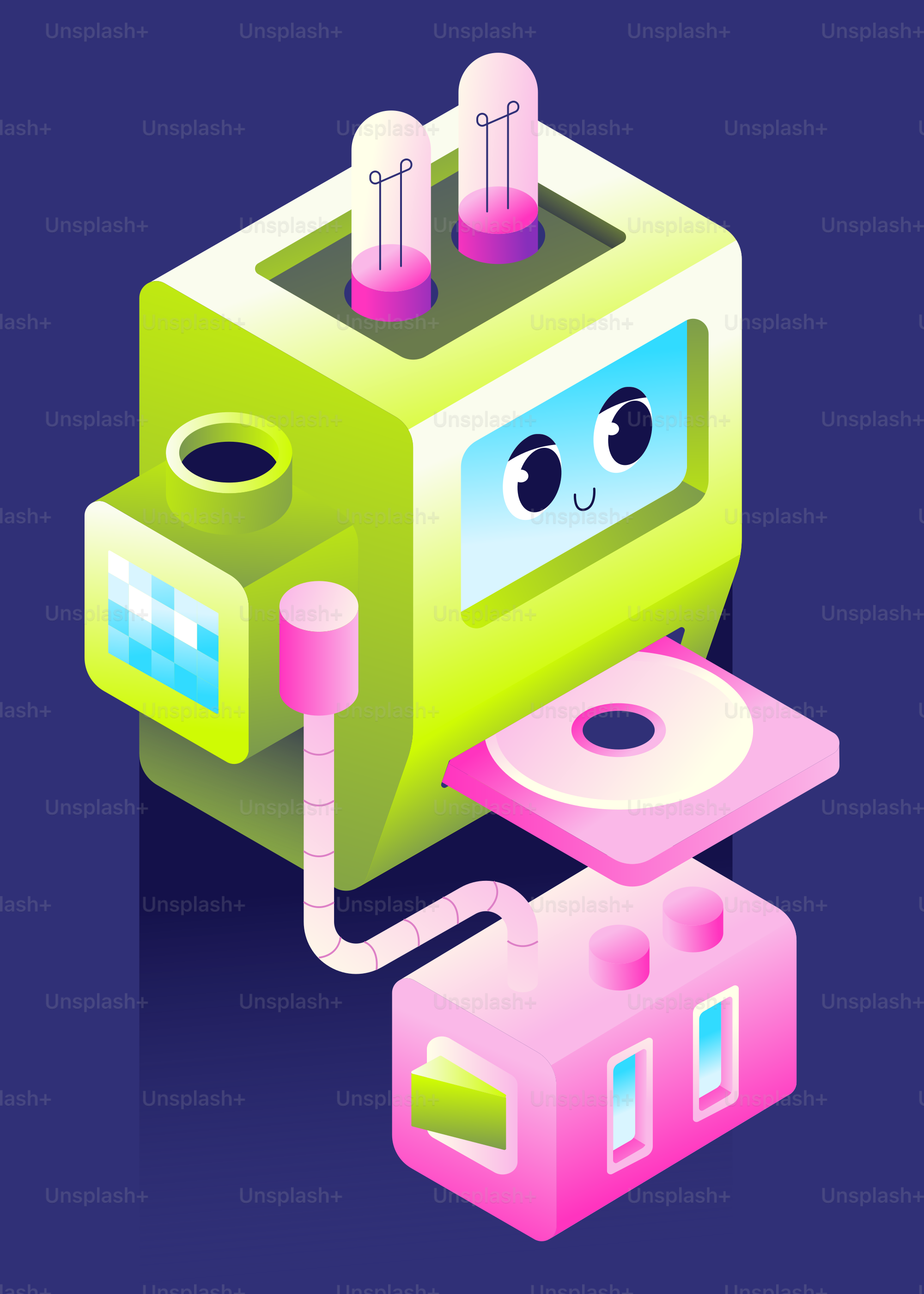 Cartoon-Roboter mit Bildschirmgesicht und leuchtenden Röhren