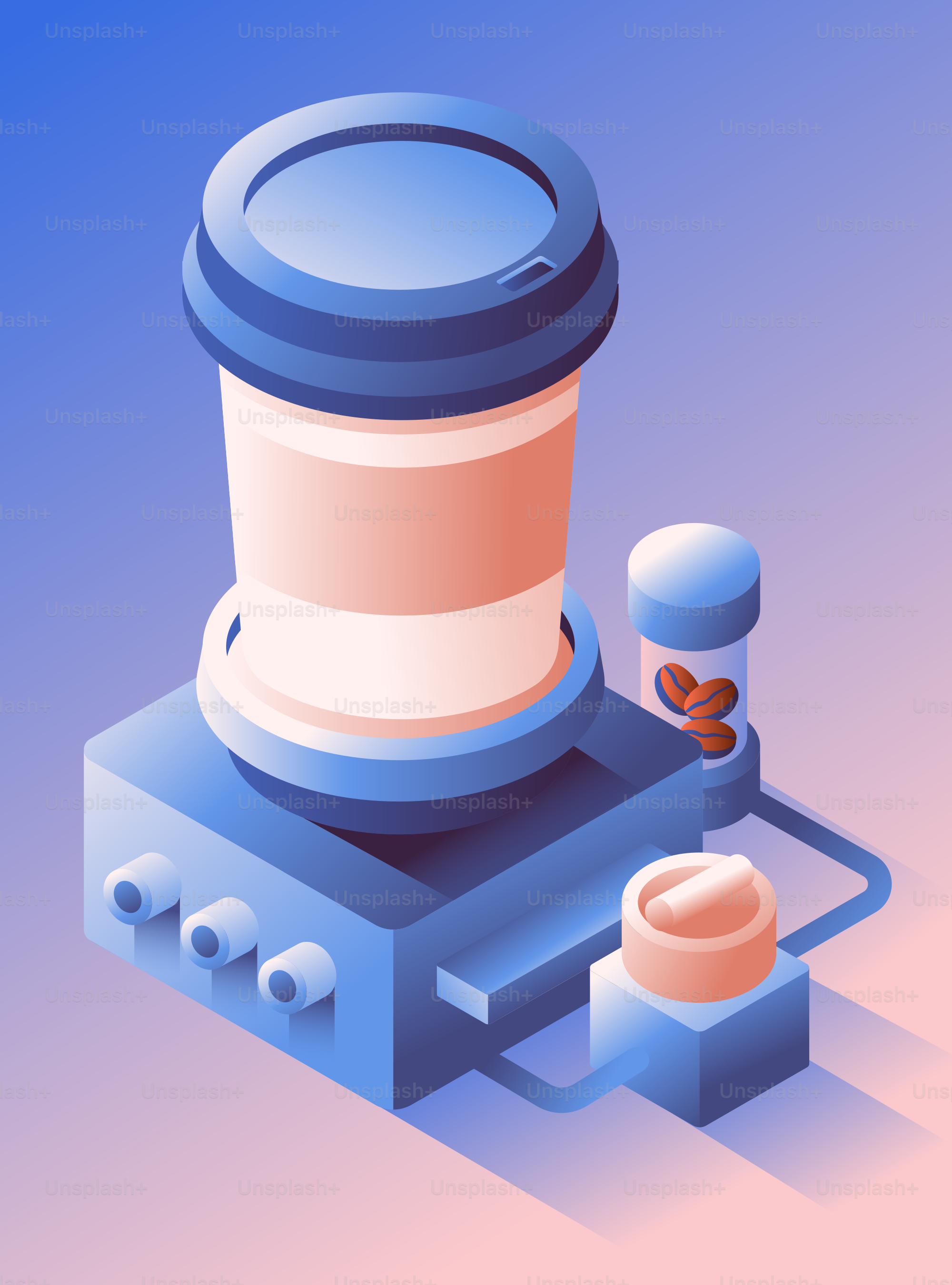 Isometric coffee maker with beans and cup