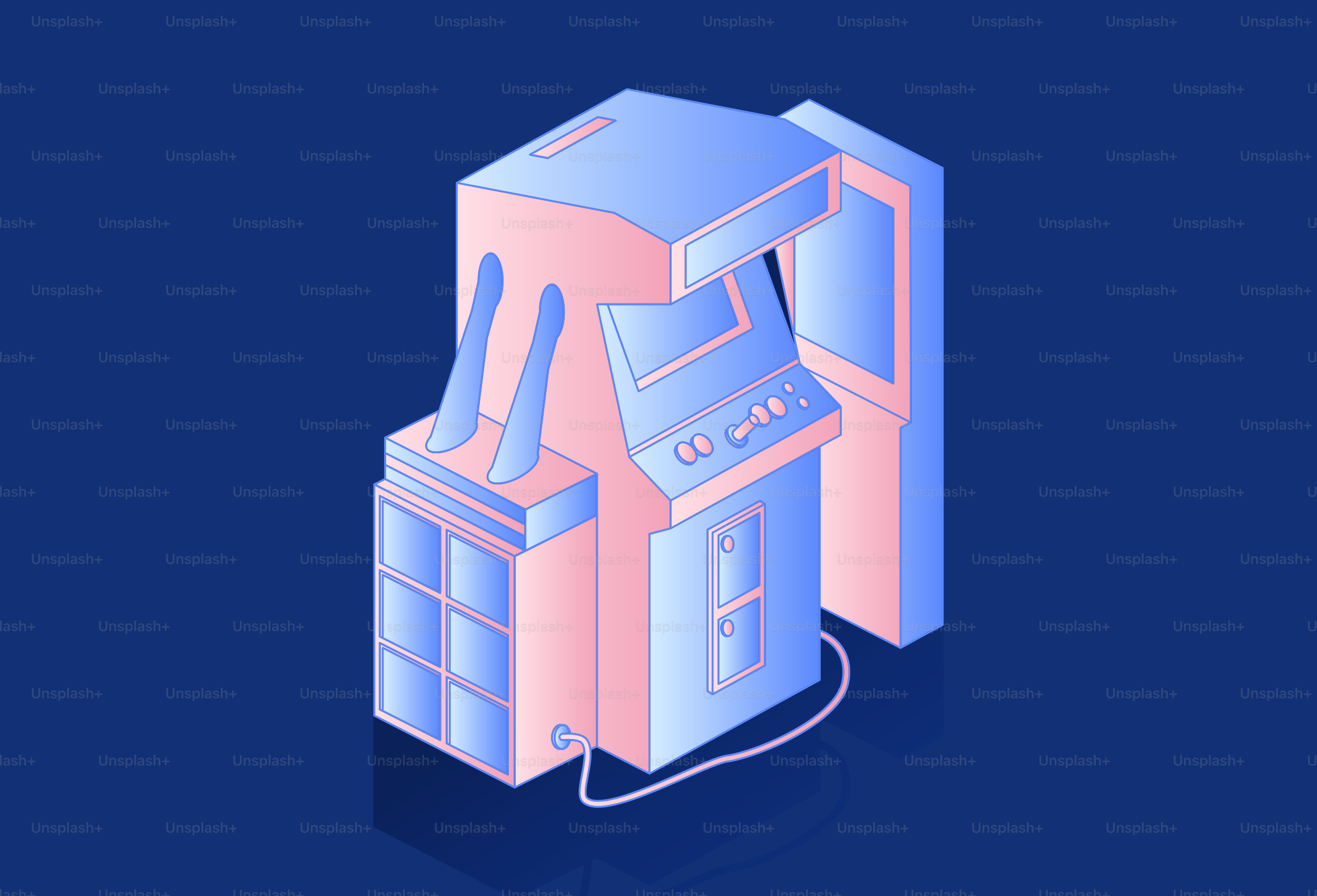 Retro arcade game machine with blue and pink hues