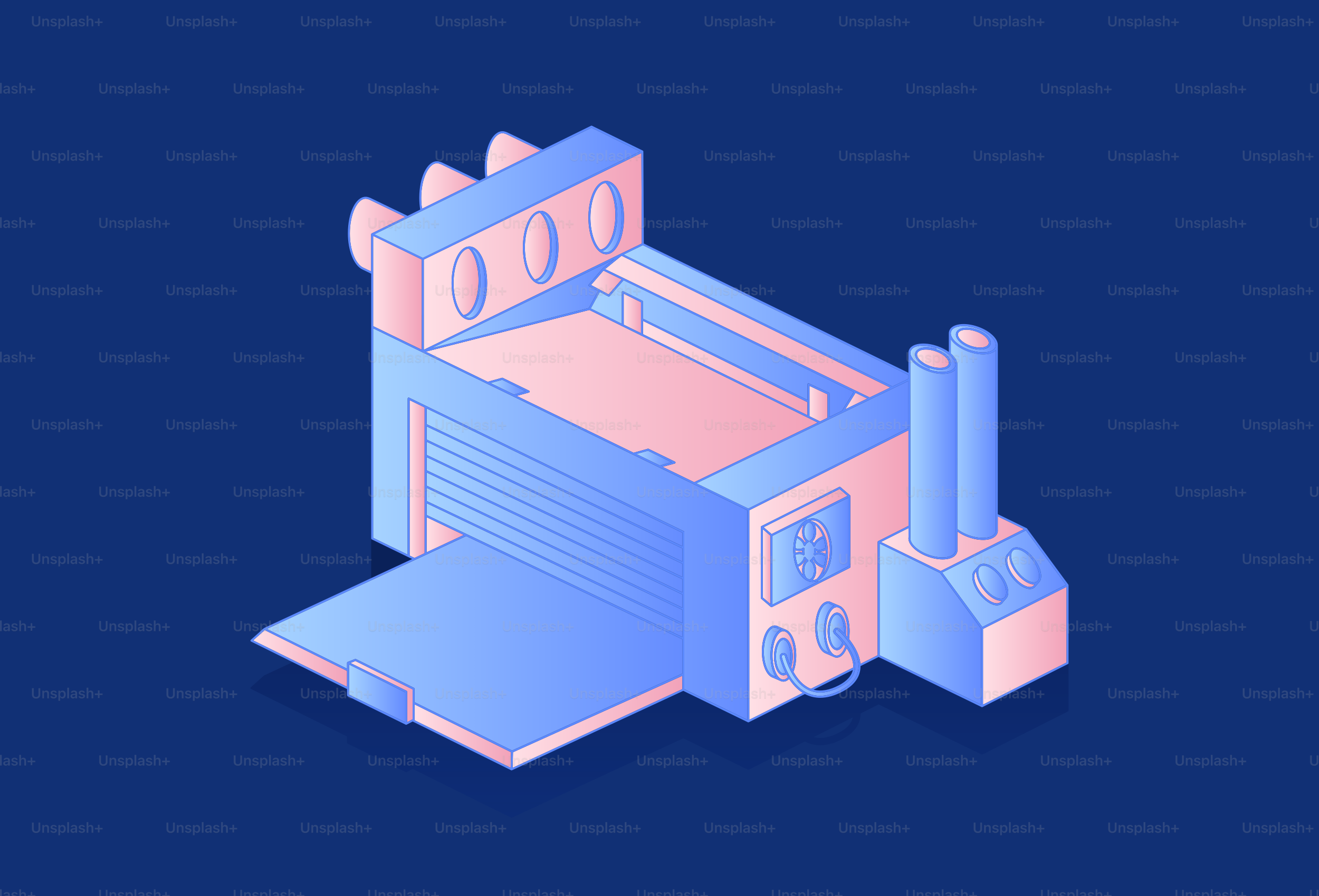 Isometric 3D printer with pink and blue gradient