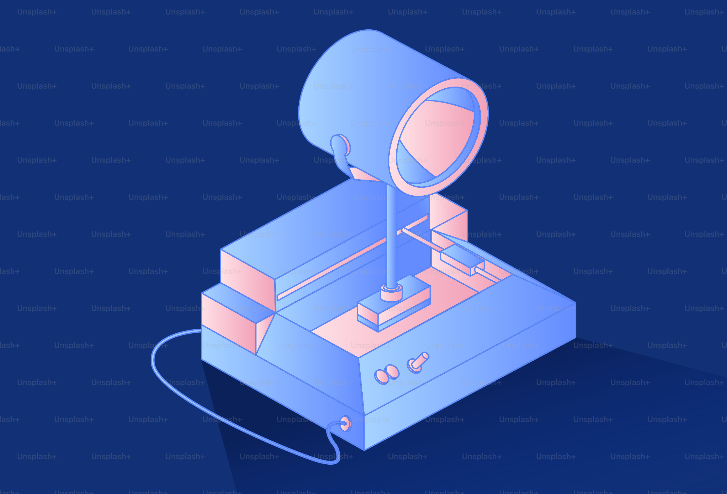 Retro isometric projector with blue and pink lighting