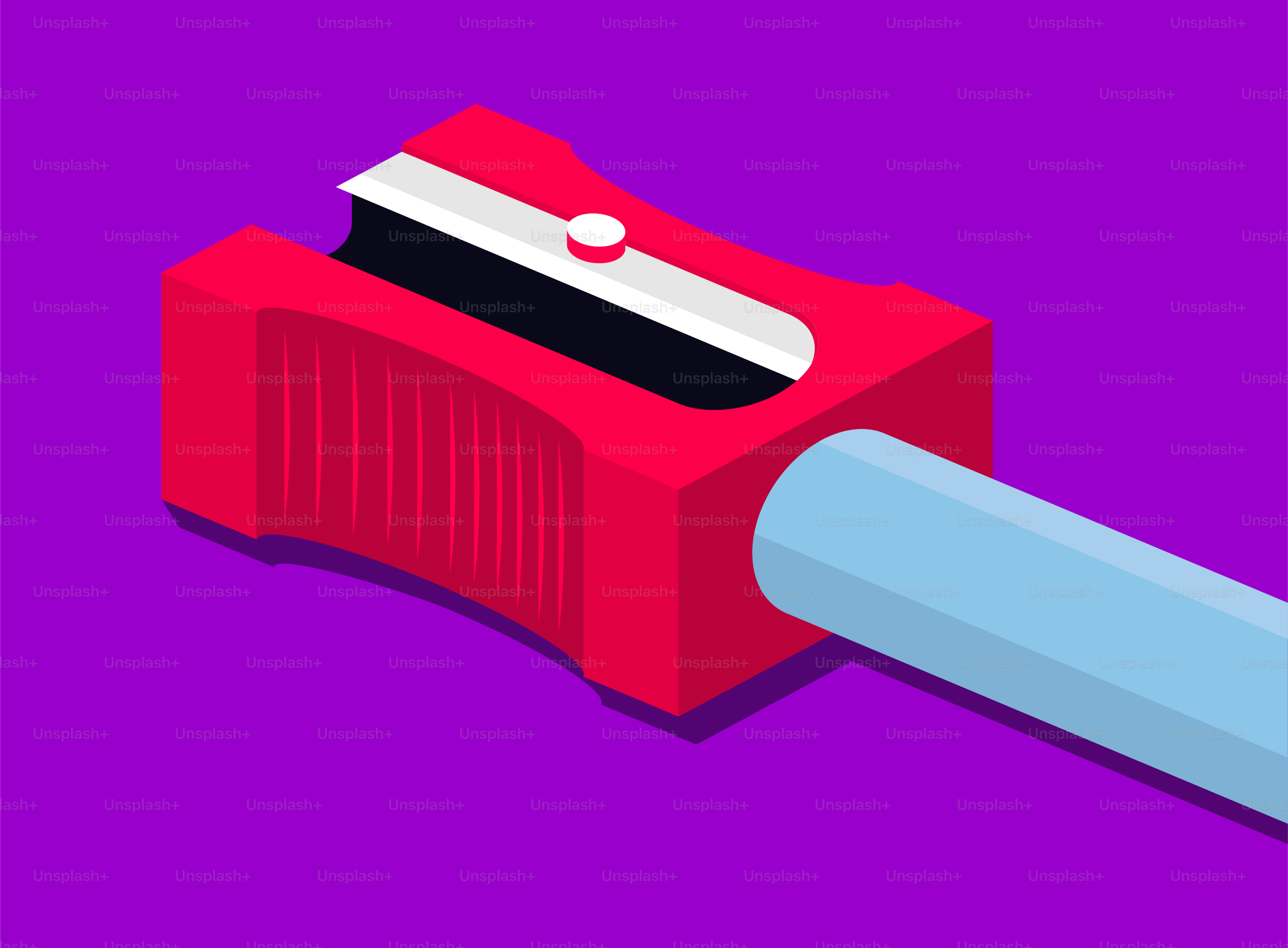 Red pencil sharpener with blue pencil on purple background