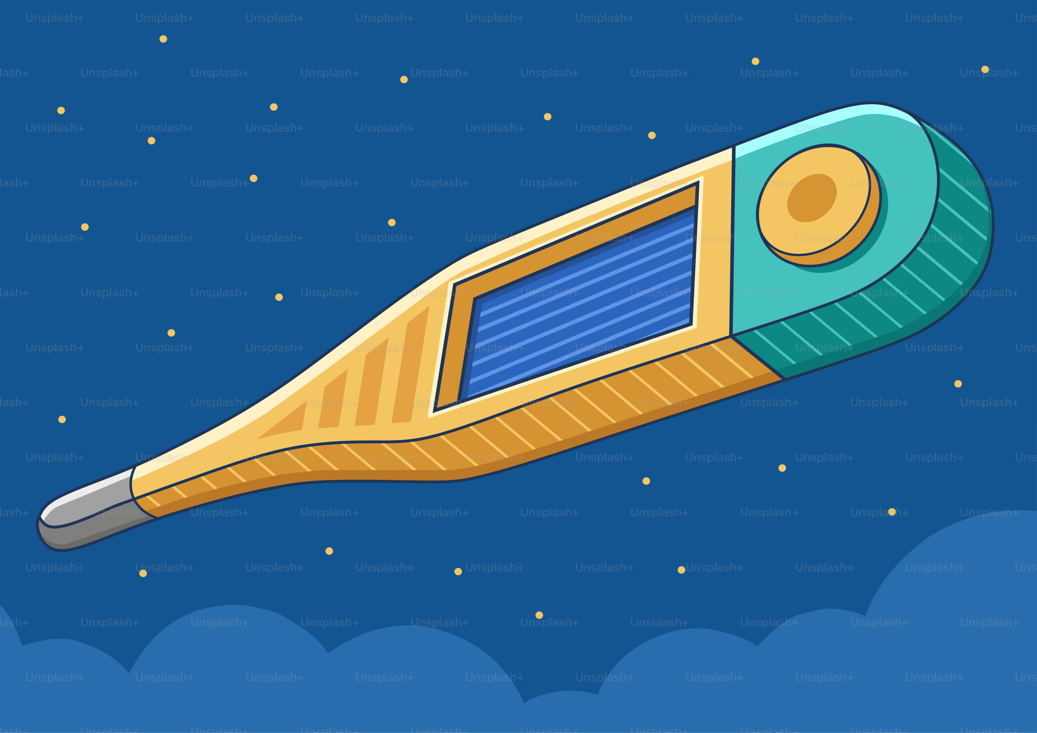 Termômetro digital flutuando contra o céu noturno estrelado
