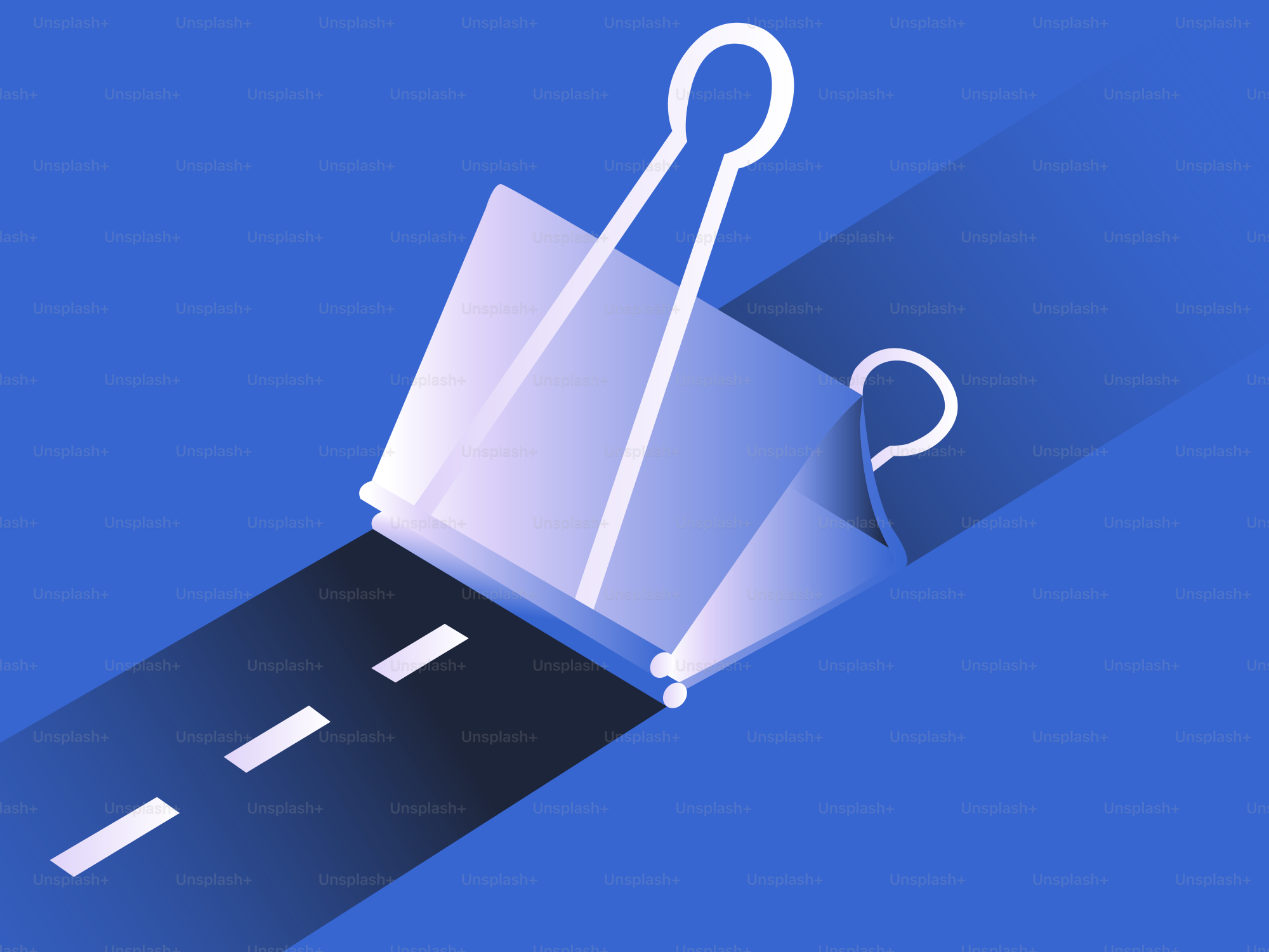 Binder clip casting a shadow on blue background