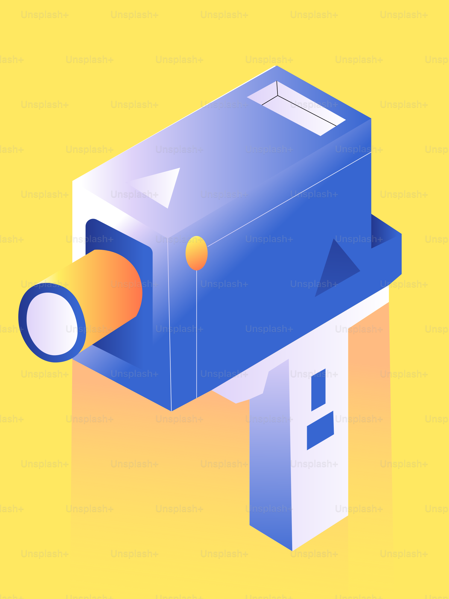 Una cámara de vídeo retro azul y blanca sobre amarillo.