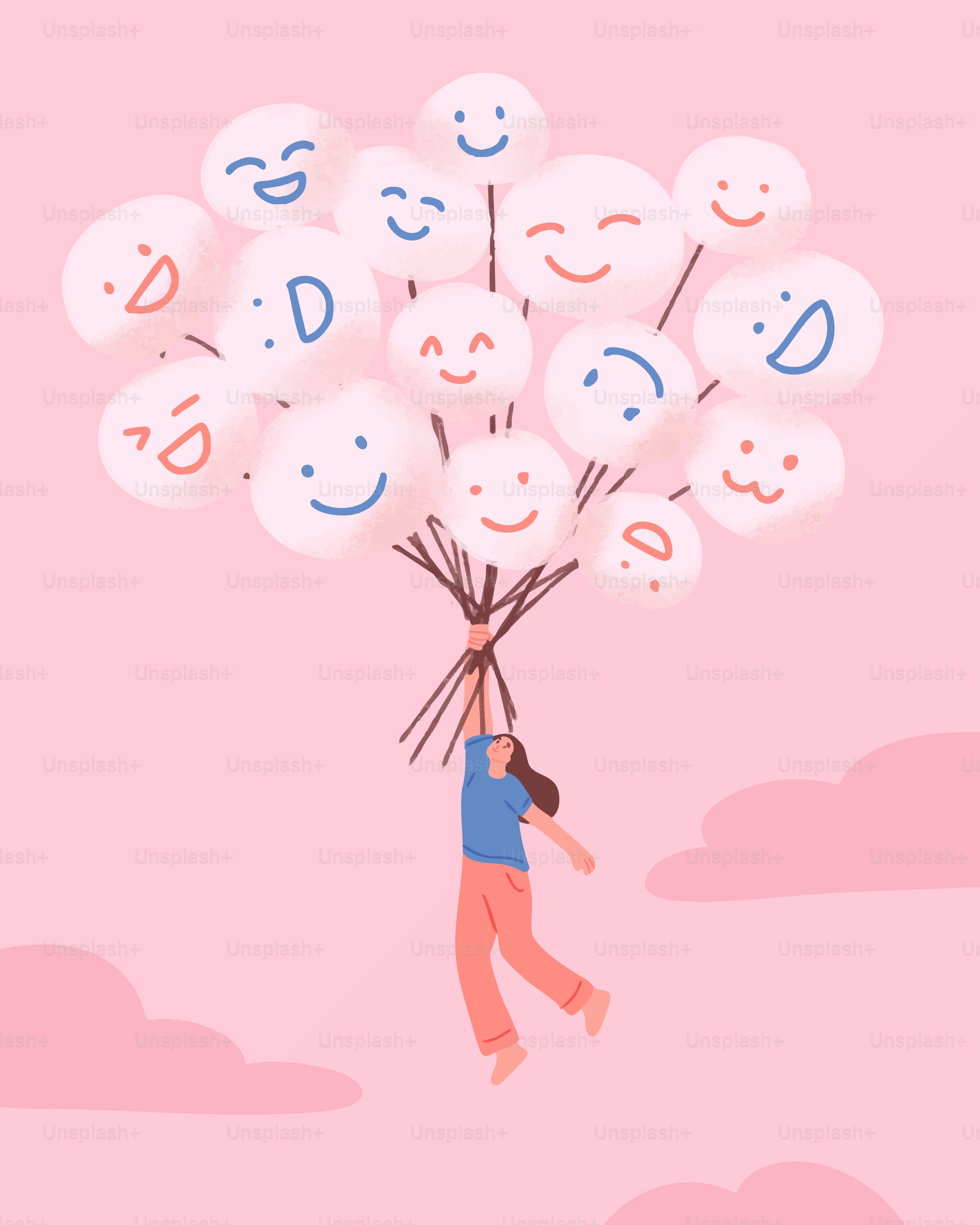 Mujer sosteniendo globos con caritas sonrientes contra el cielo rosa