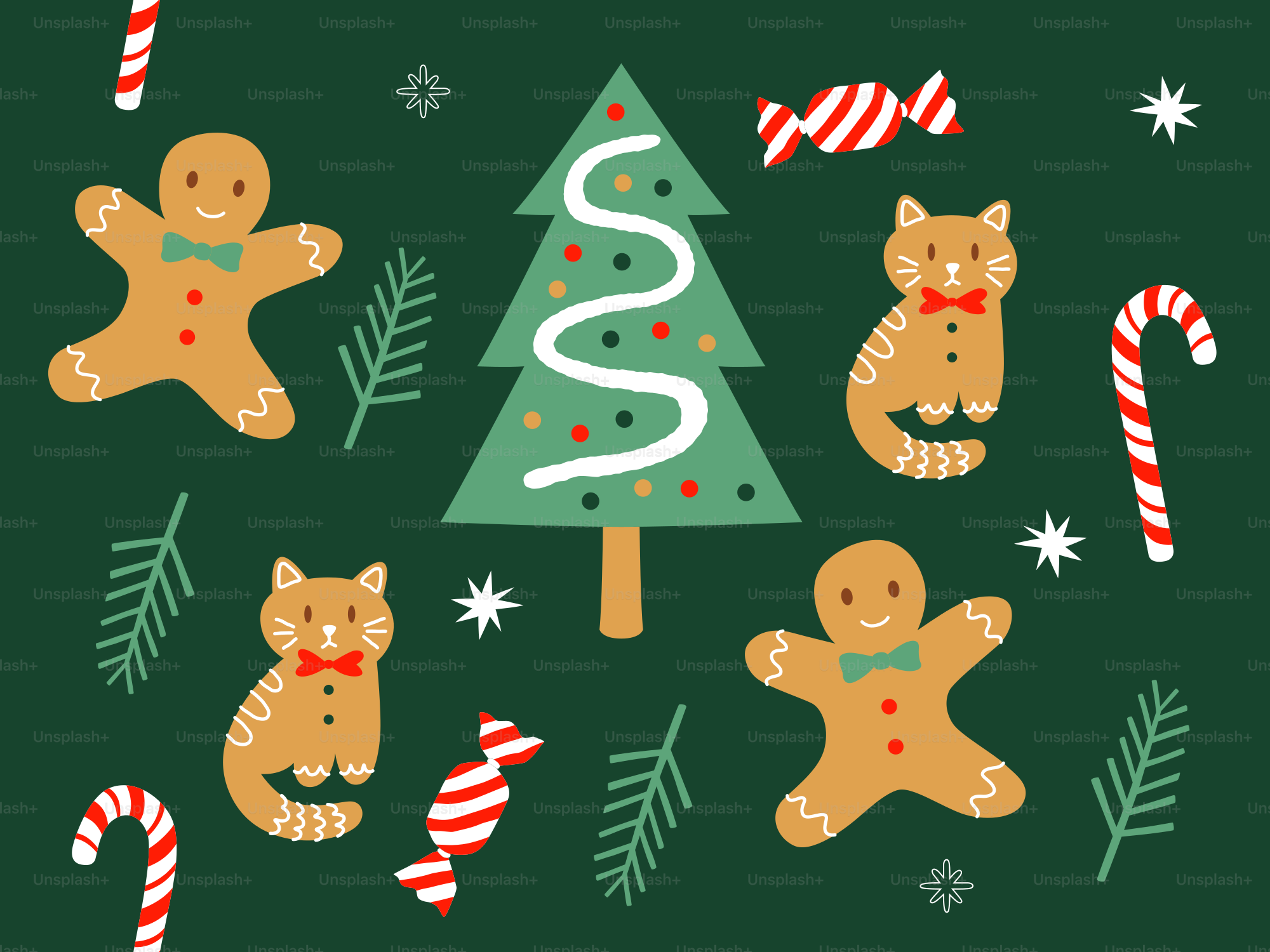 Christmas gingerbread cookies, candy canes, and cats vector – Wallpaper ...