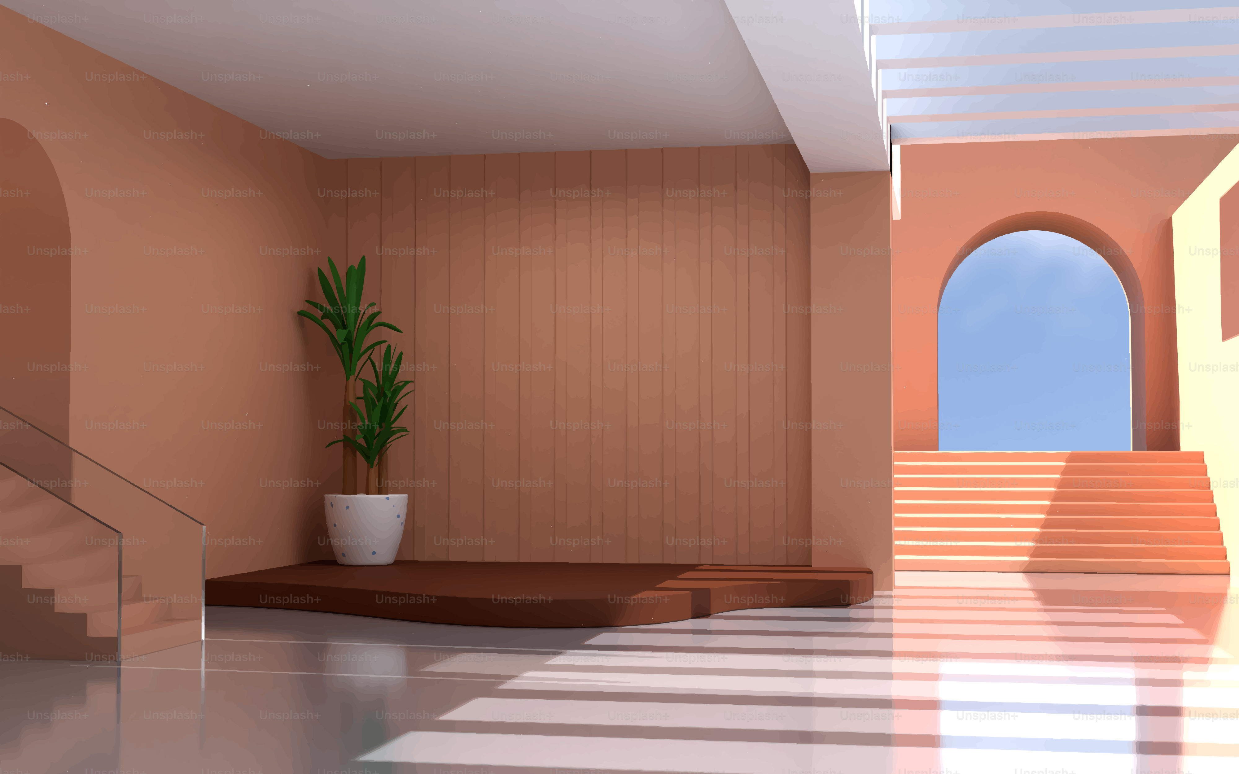 Interno moderno con scale e porta ad arco