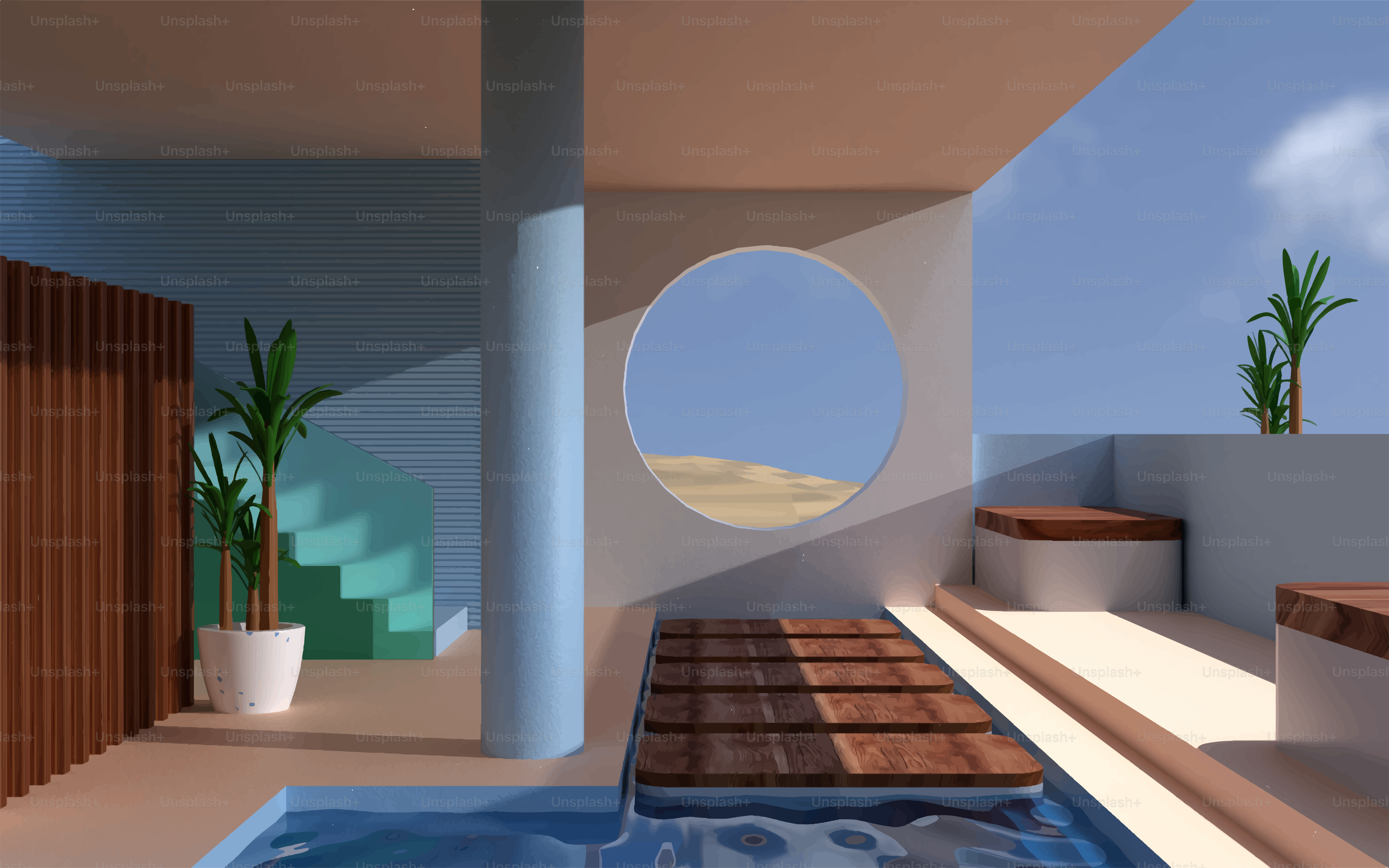 Modern architectural space with pool and desert view