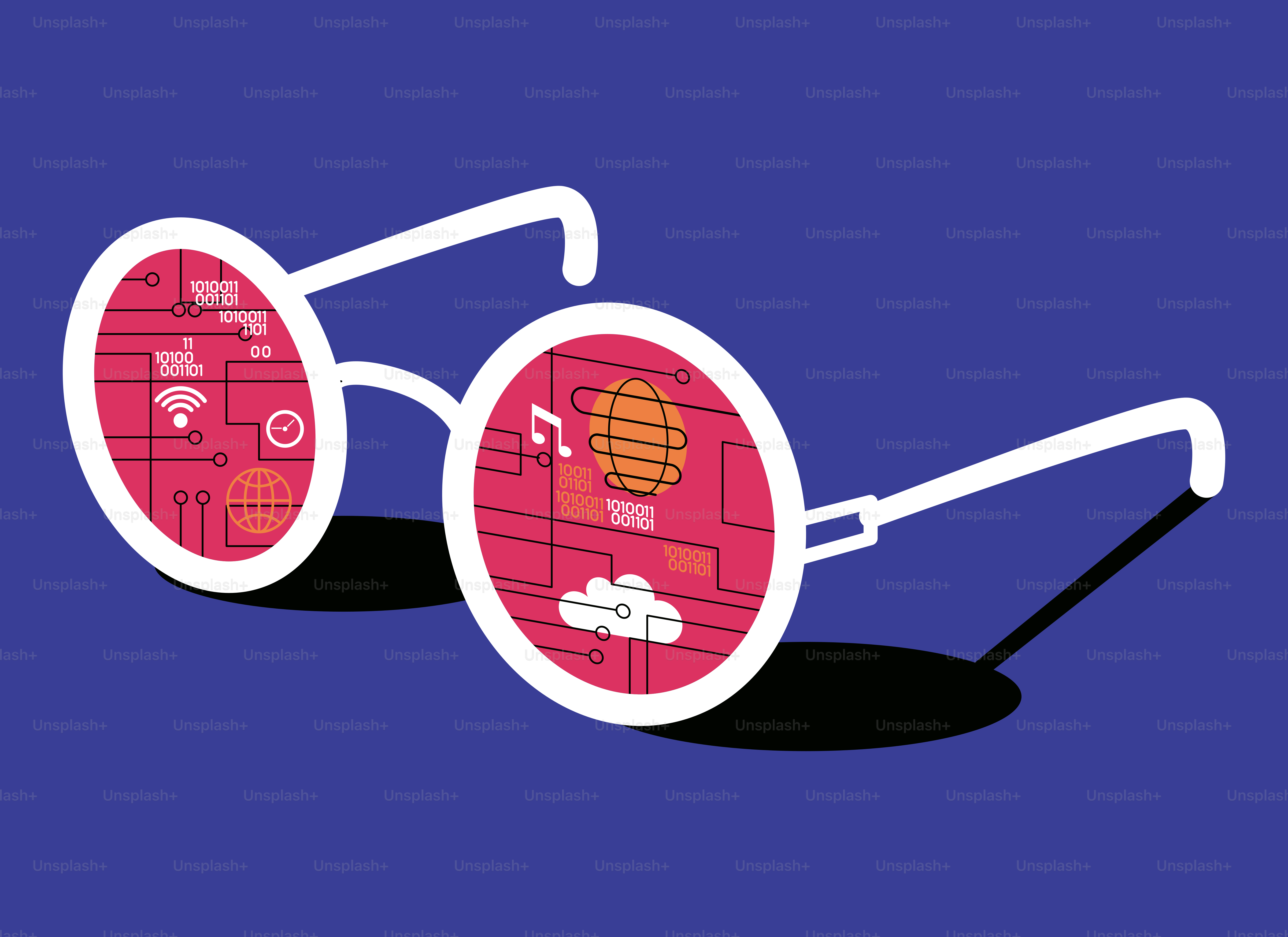 Round glasses reflecting digital icons on blue background