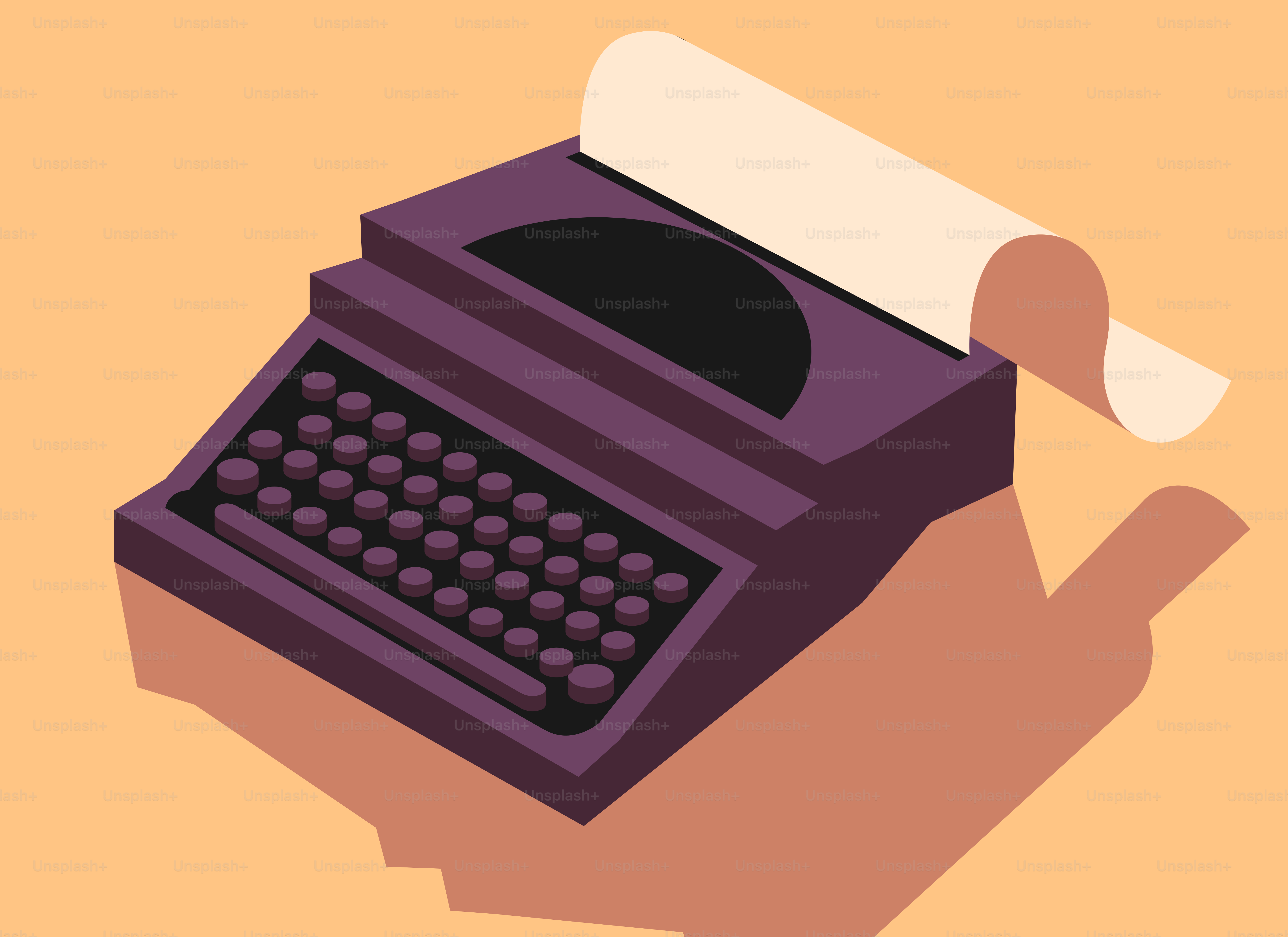 A vintage purple typewriter with paper