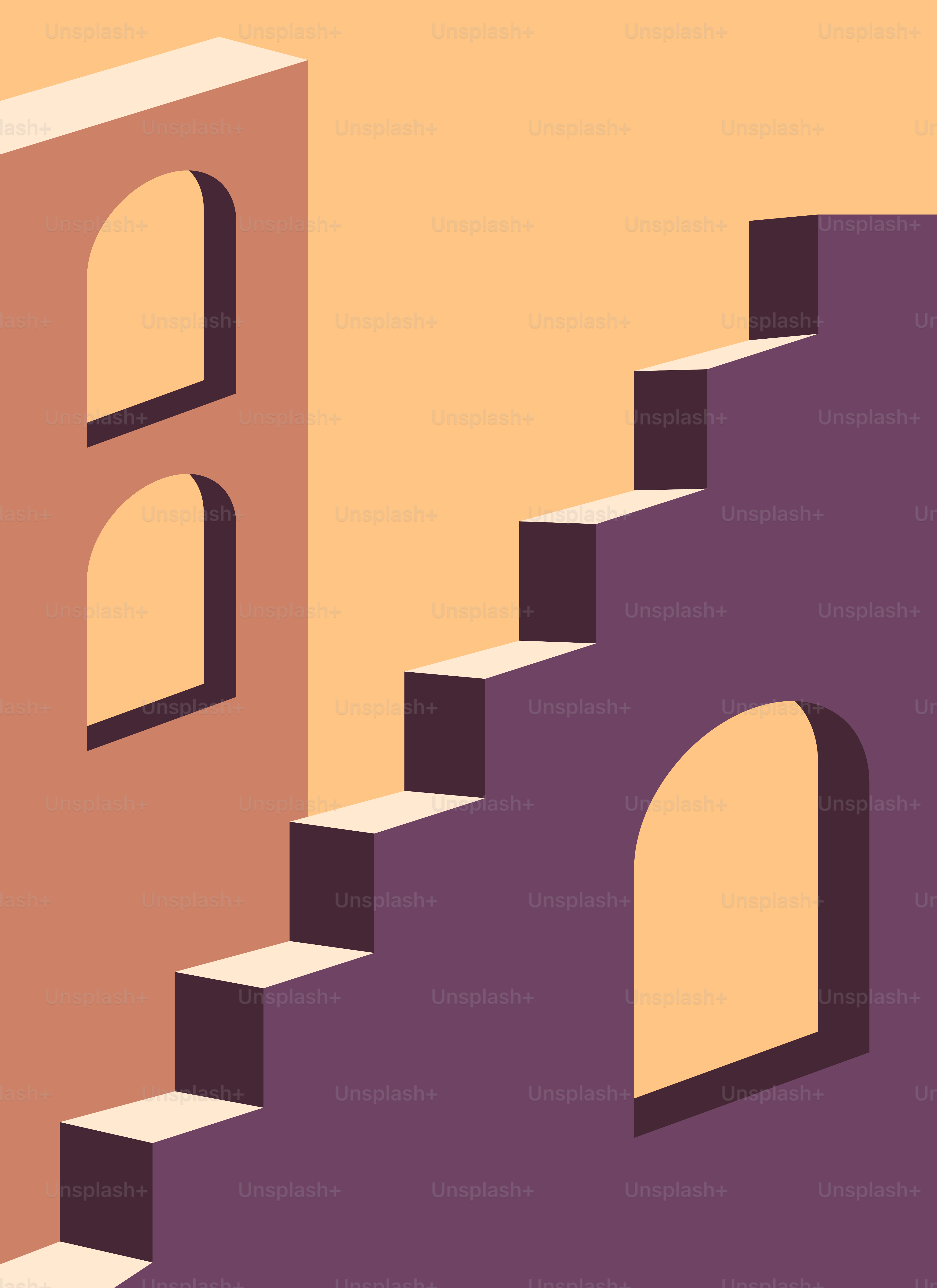 階段やアーチを備えた幾何学的な建築デザイン。