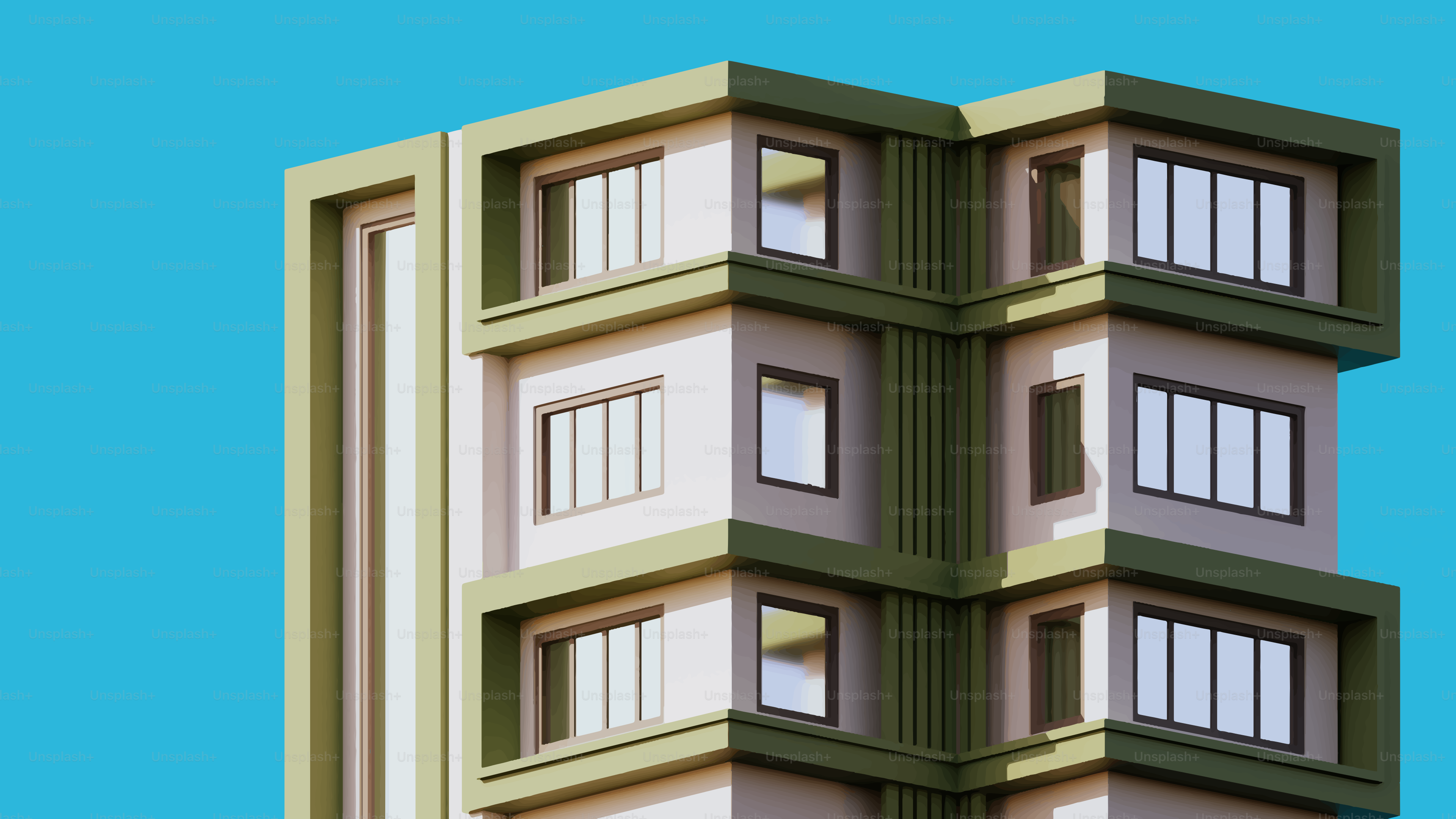 Modern building with green accents against blue sky
