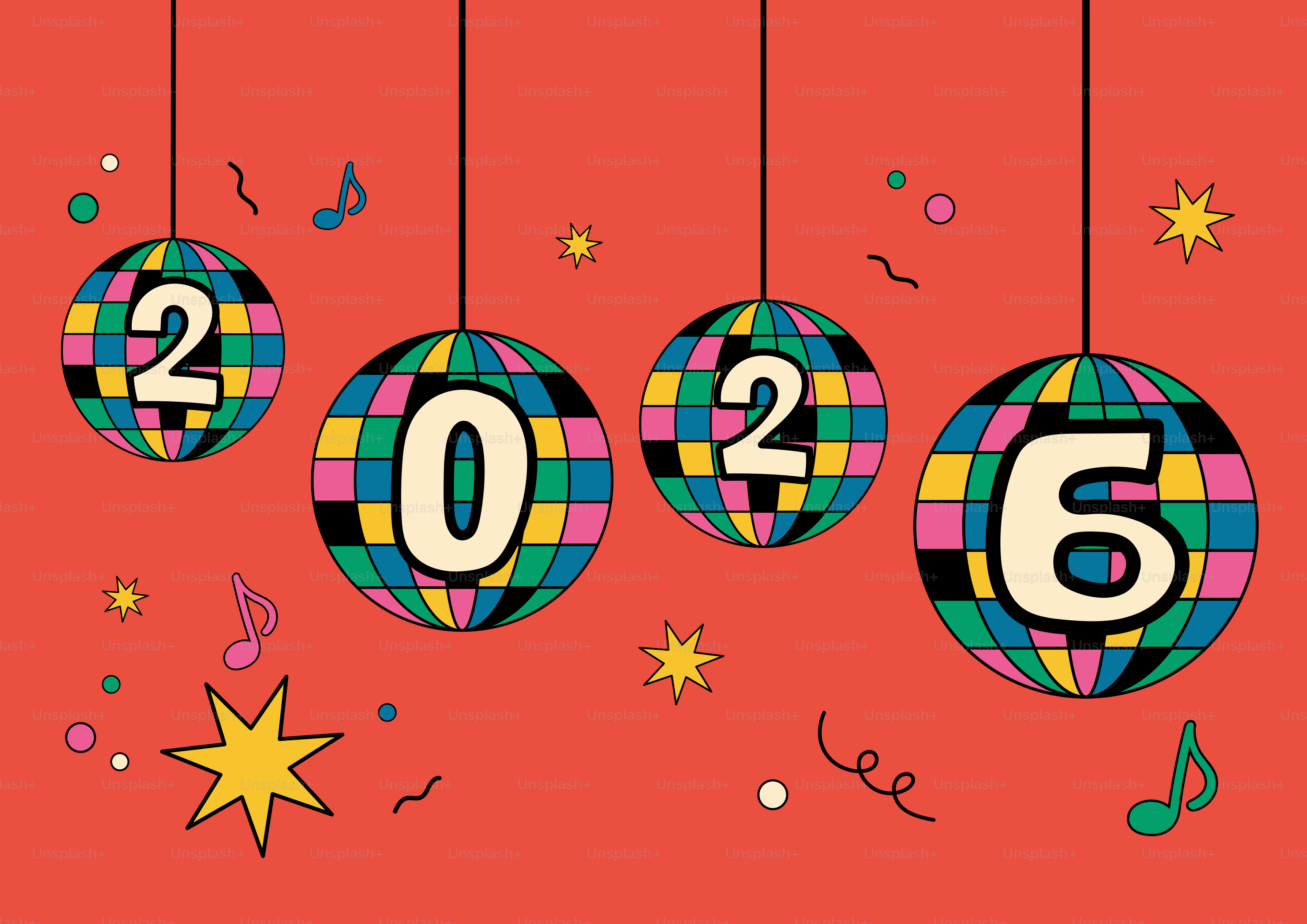 Des boules disco annoncent 2026 avec des confettis et des notes musicales