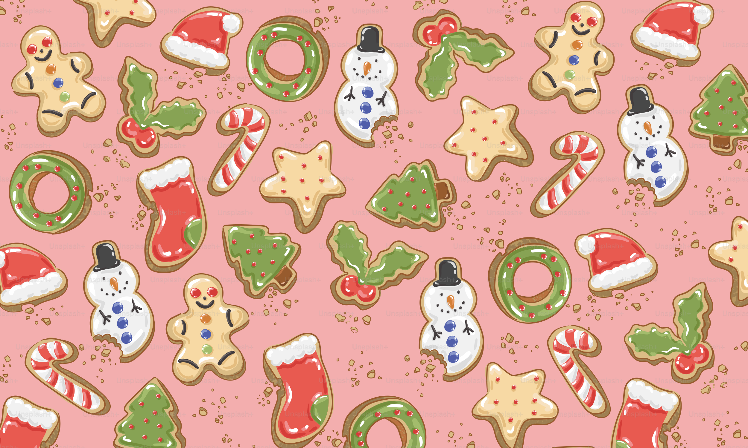 Assorted christmas cookies scattered on pink background