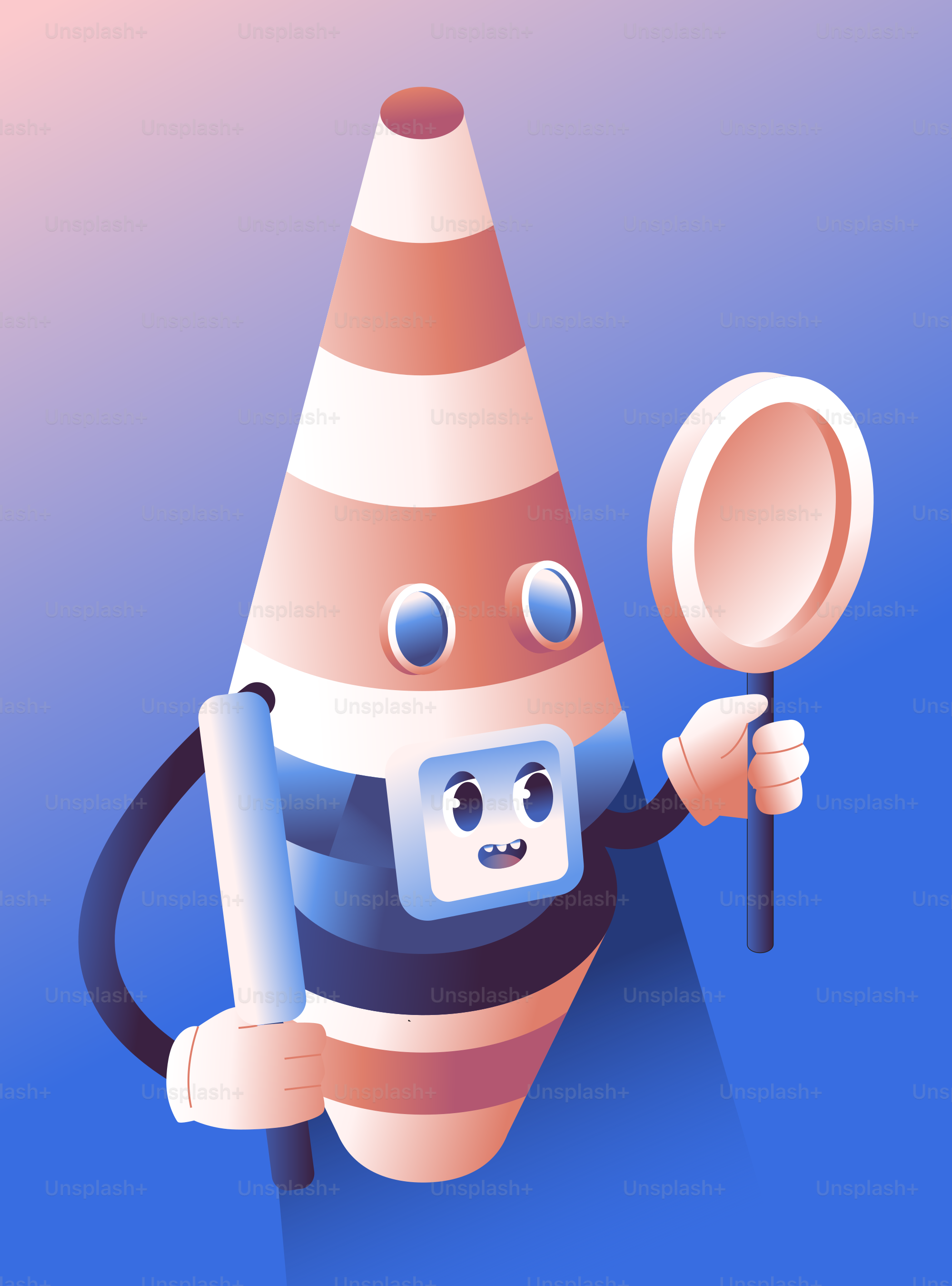 Traffic cone character holding a baton and mirror