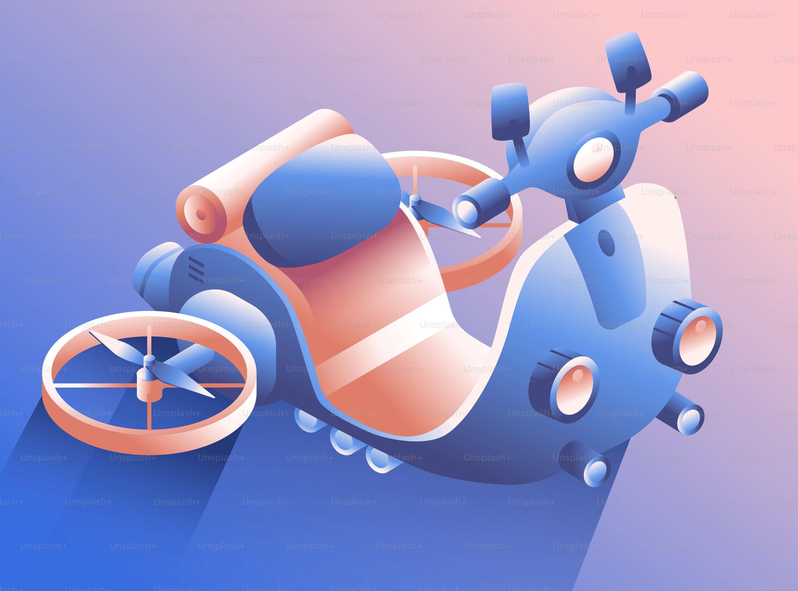 Futuristic blue and orange flying scooter with propellers