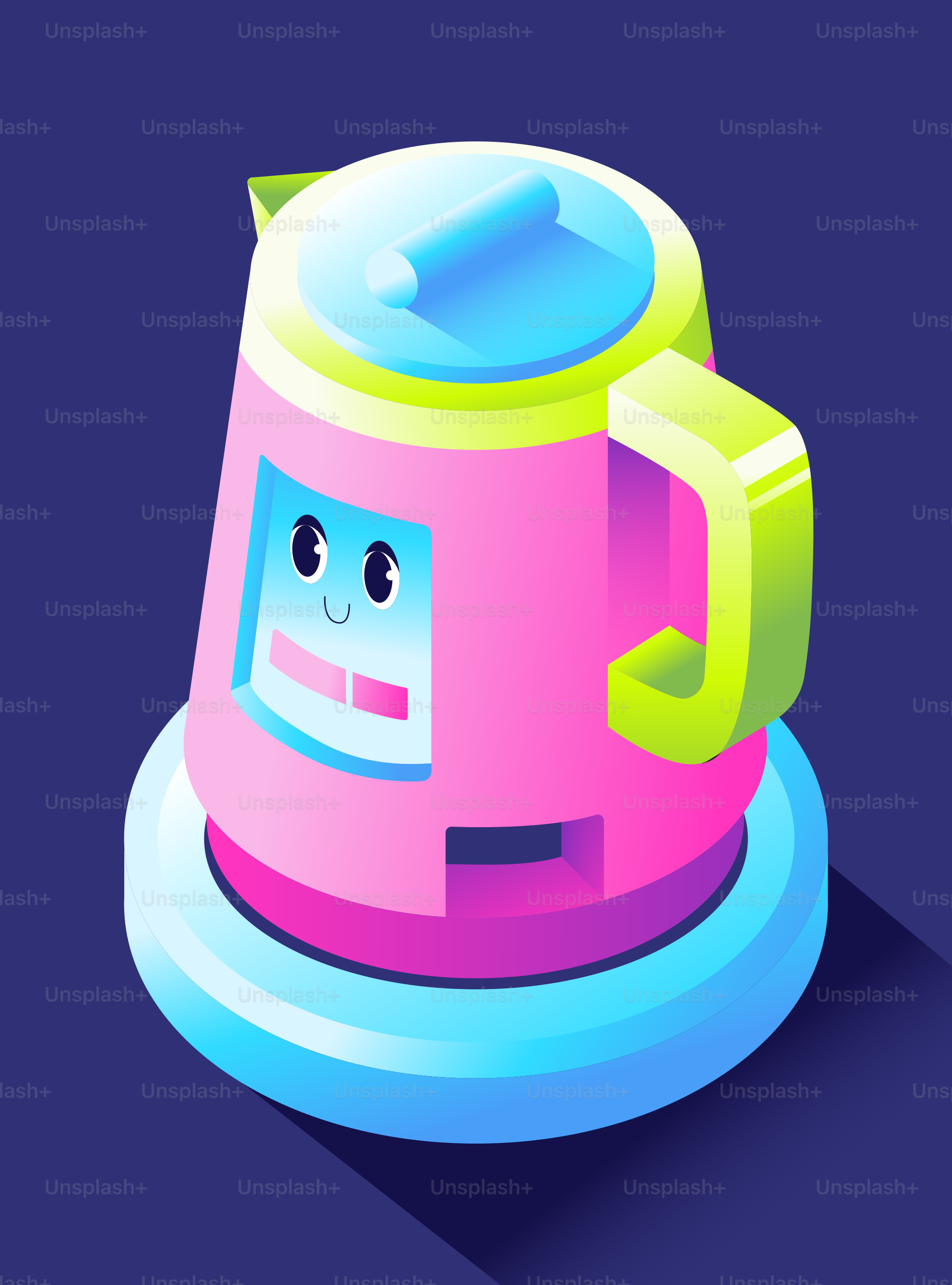 Una tetera eléctrica rosa con una cara sonriente.