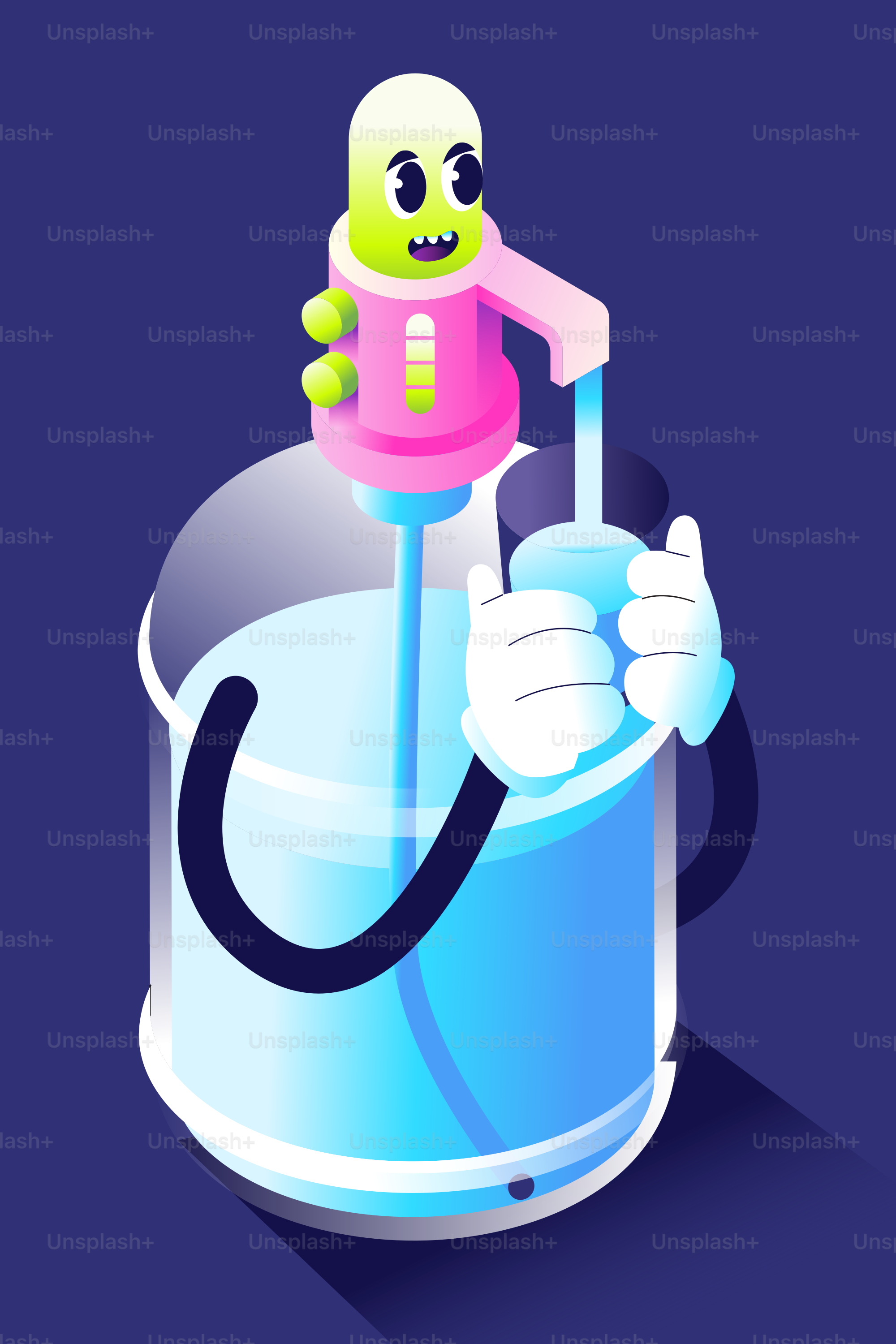 Cartoon character pumping water from a large jug