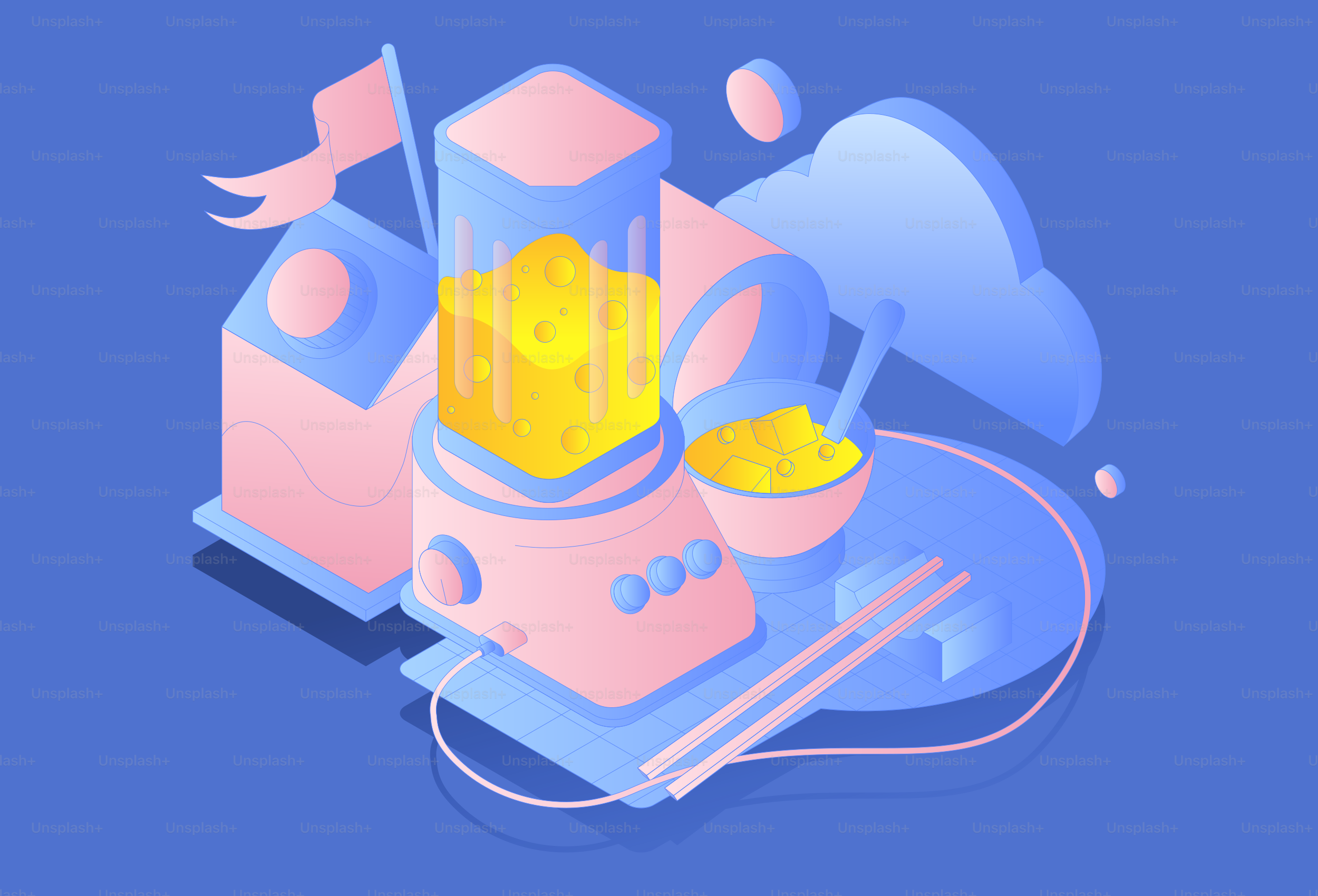 Frullatore con ingredienti e una ciotola di cibo.