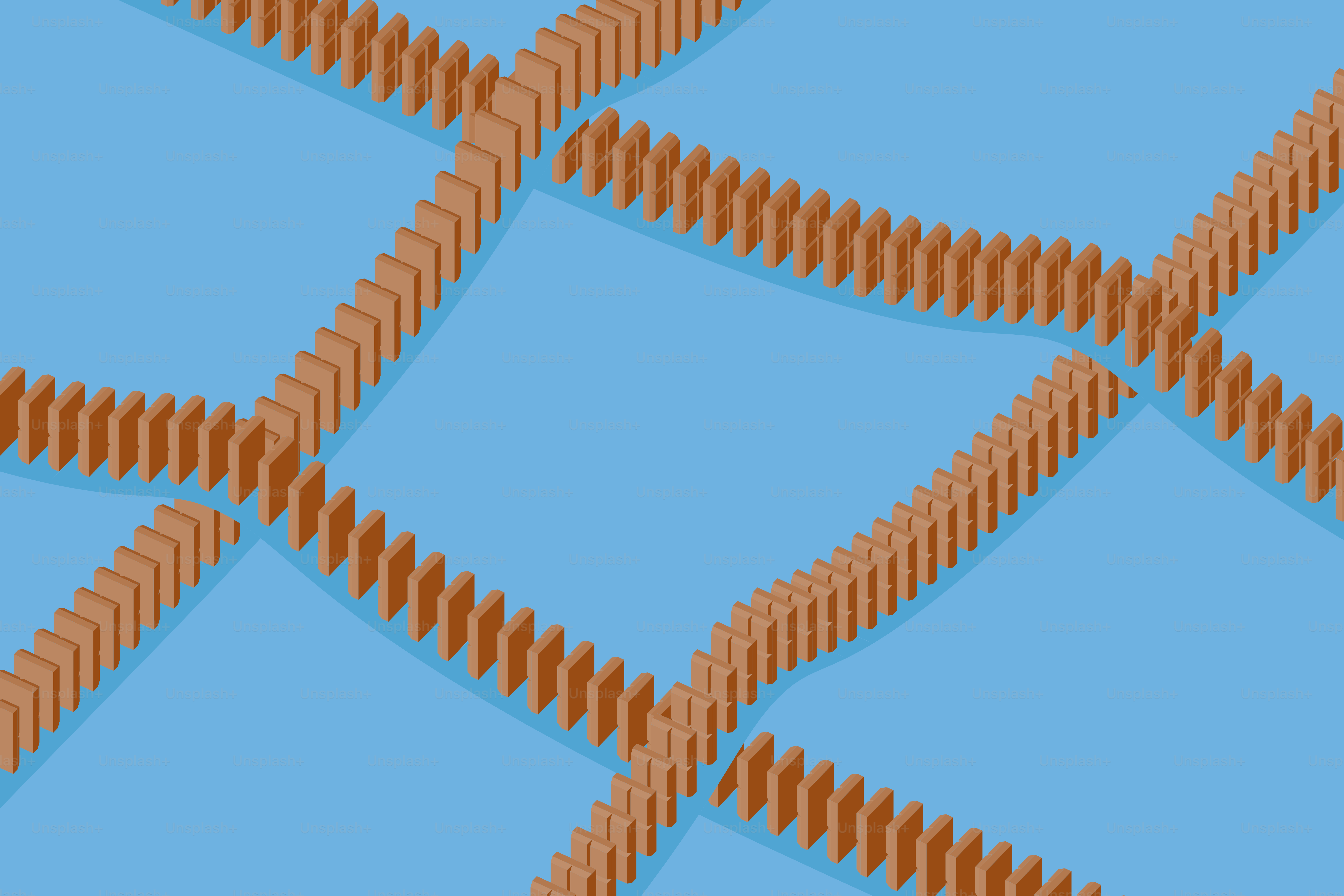Brown dominoes arranged in crisscrossing lines on blue
