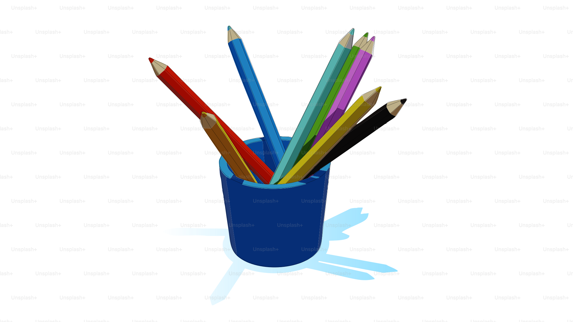 Matite colorate in una tazza blu su sfondo bianco