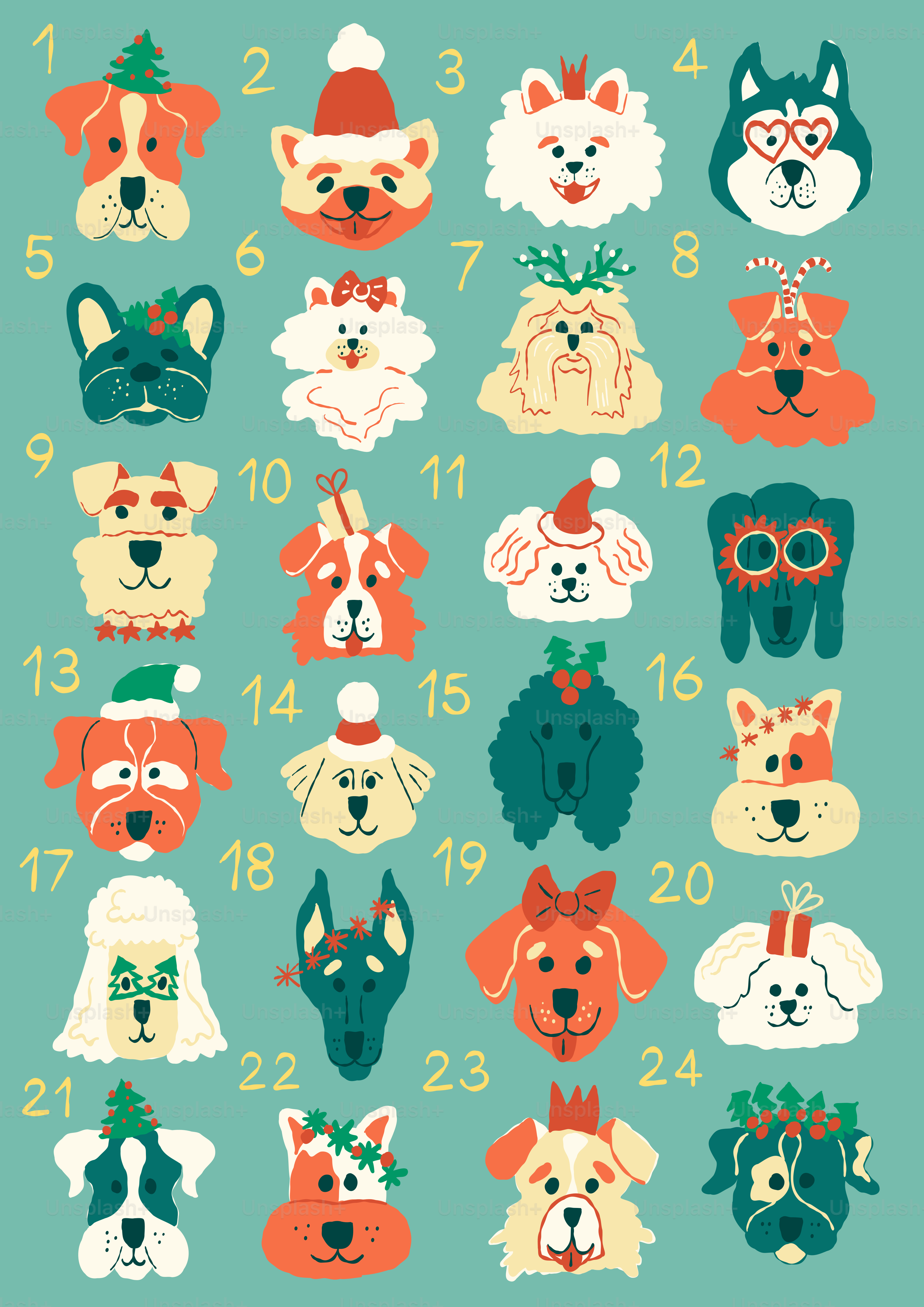Twenty-four dogs in festive christmas hats.