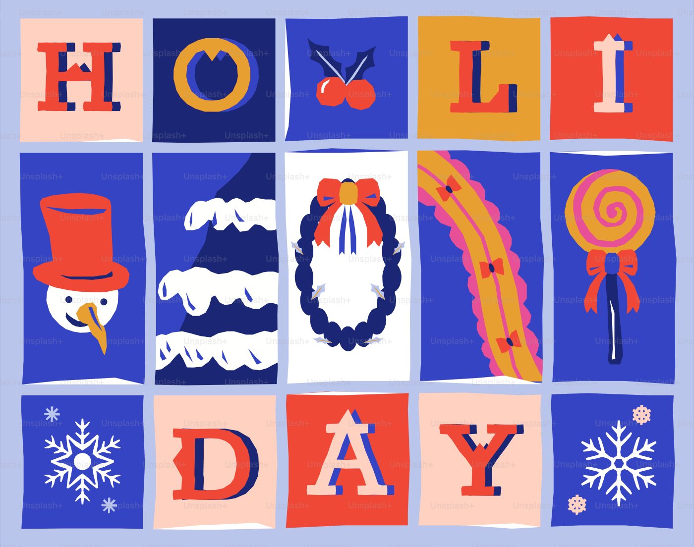 Holiday themed illustrations with letters and icons