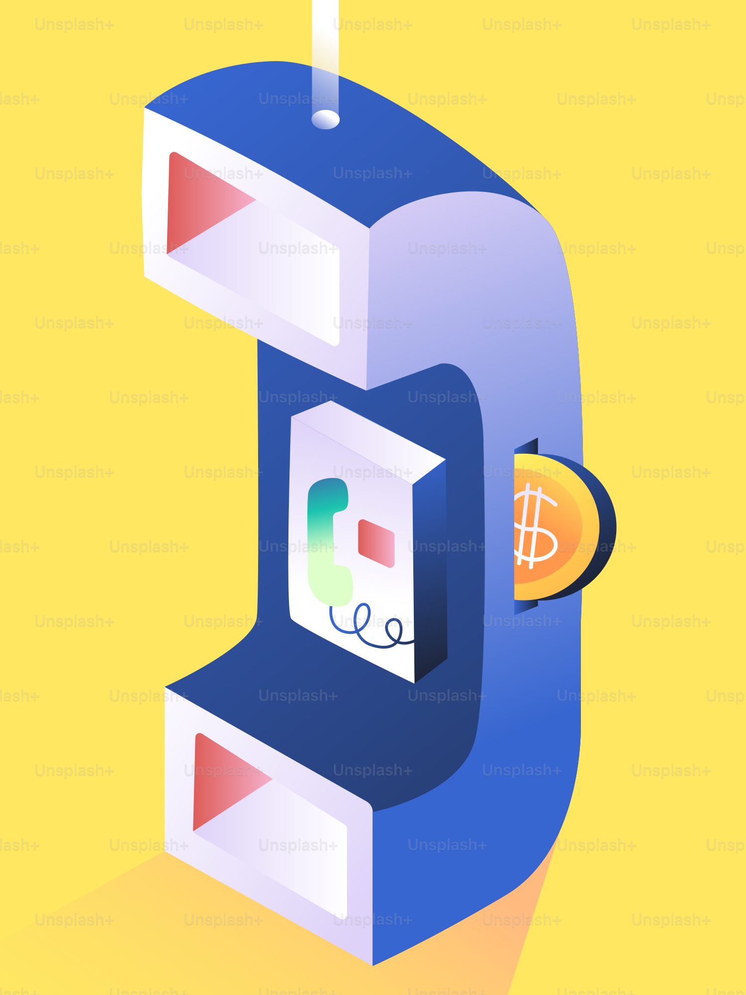 Stylized telephone booth with coin slot and dollar sign.