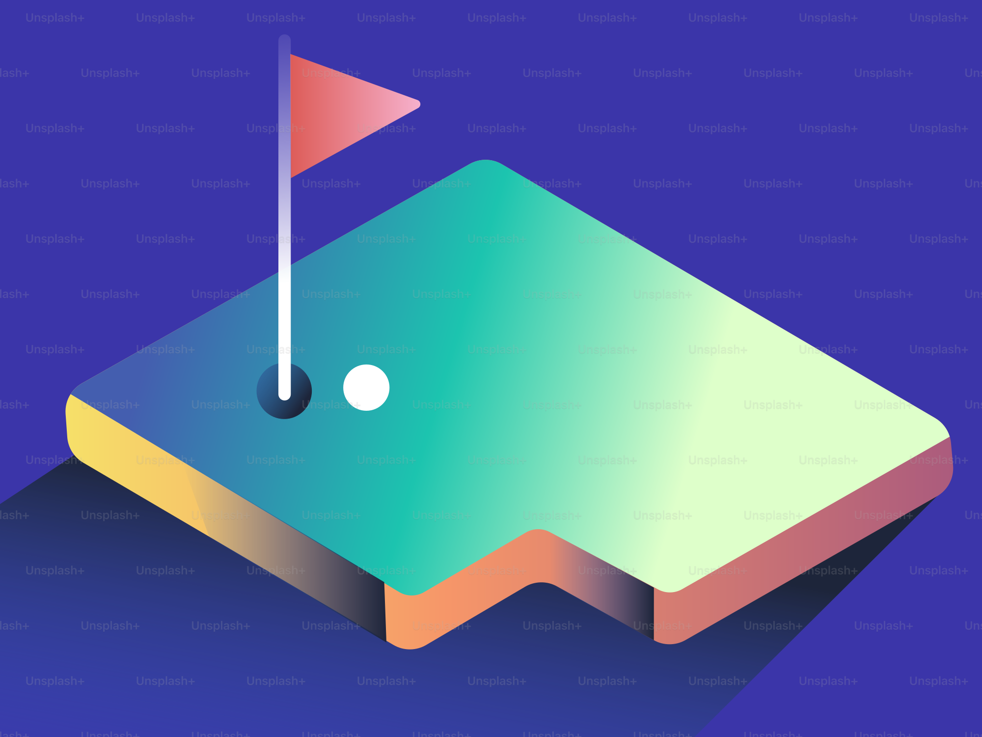 Campo de minigolf con bandera y bola