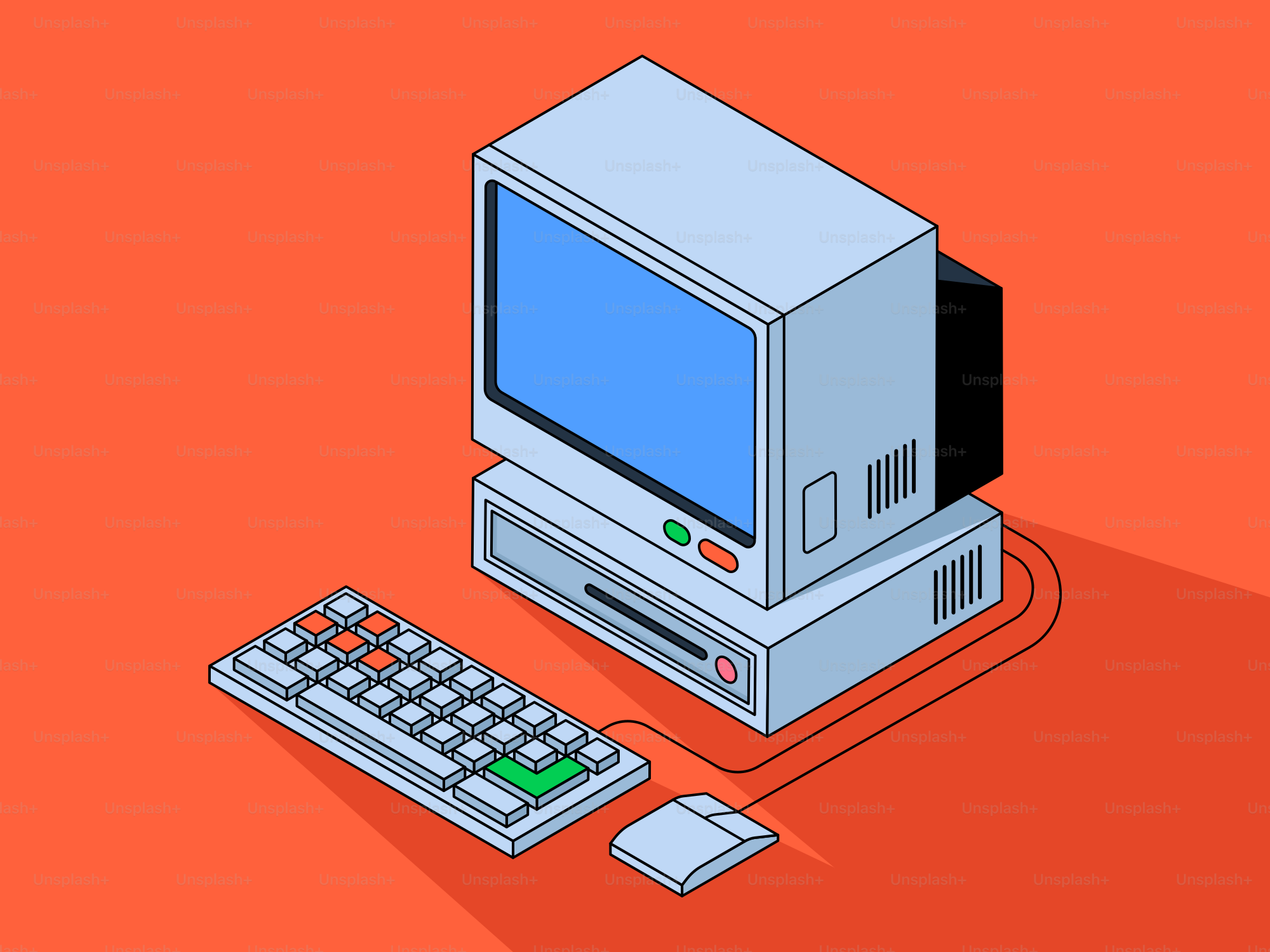 Computador retrô com teclado e mouse sobre fundo laranja