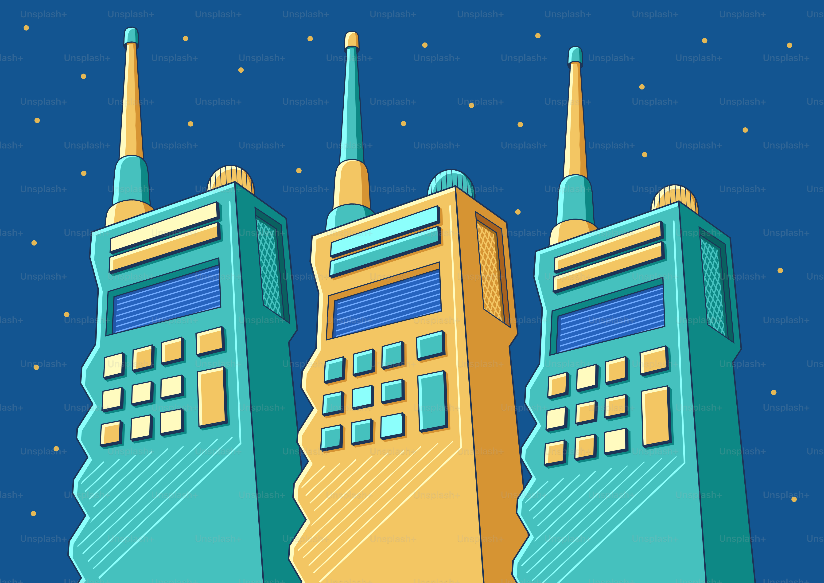 Three walkie-talkies against a starry blue background