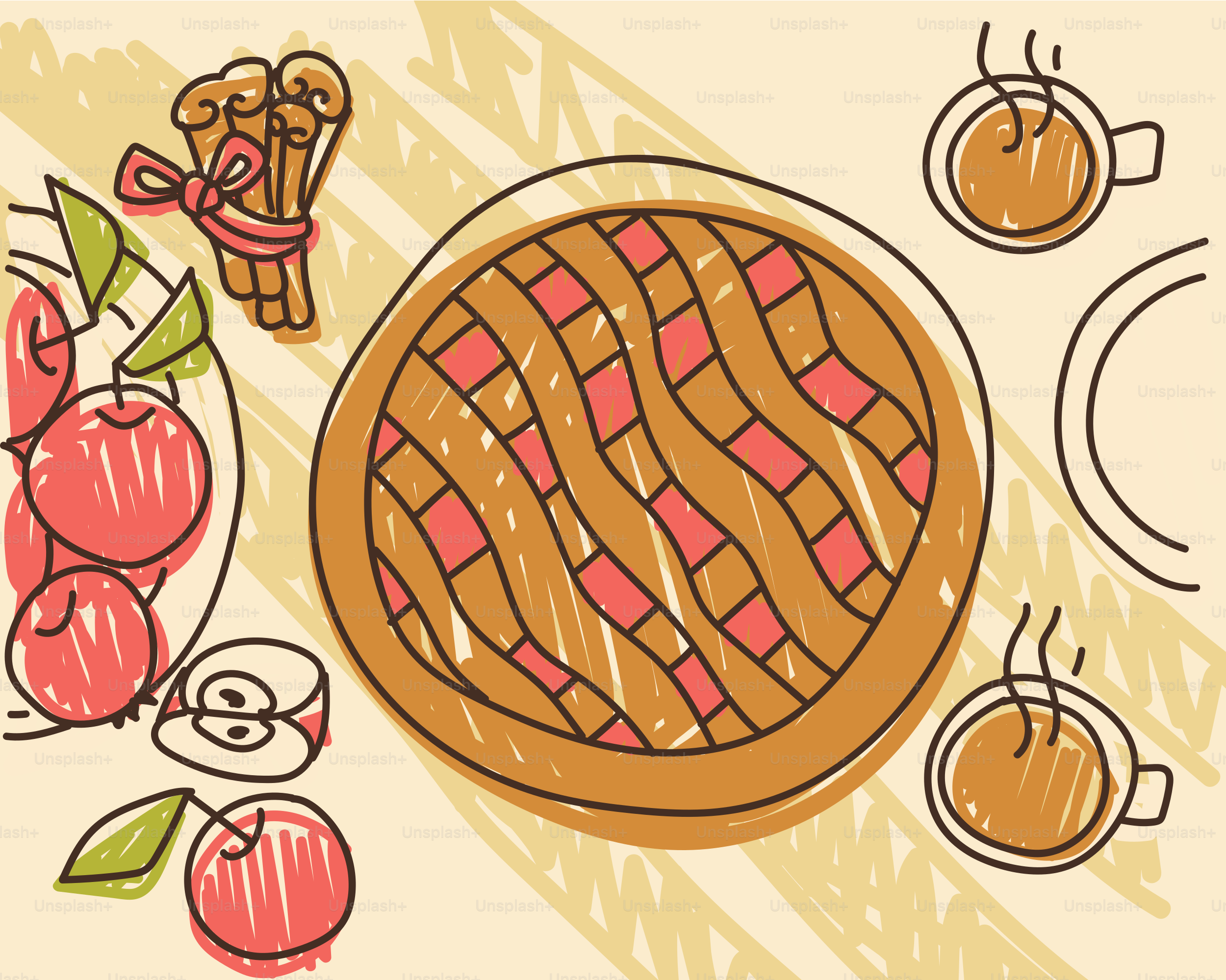 Torta di mele con bastoncini di cannella e bevande calde.