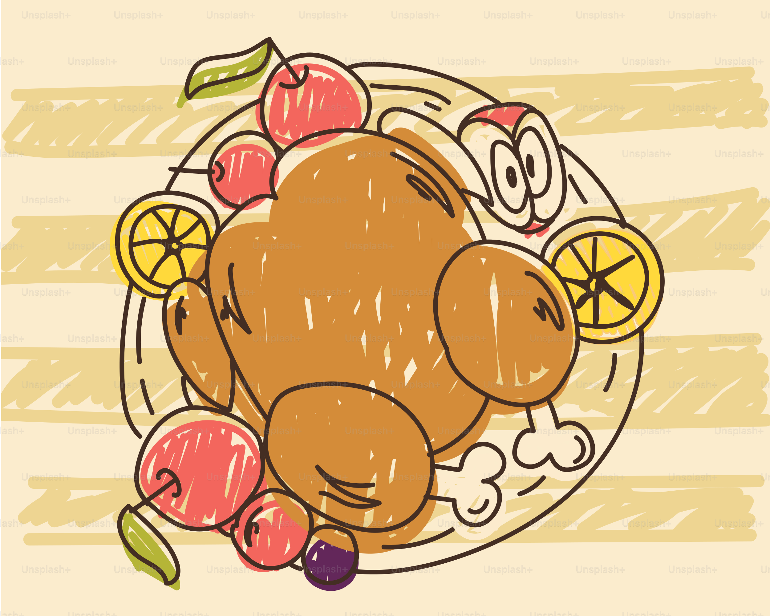 Roasted chicken with fruits and lemon slices