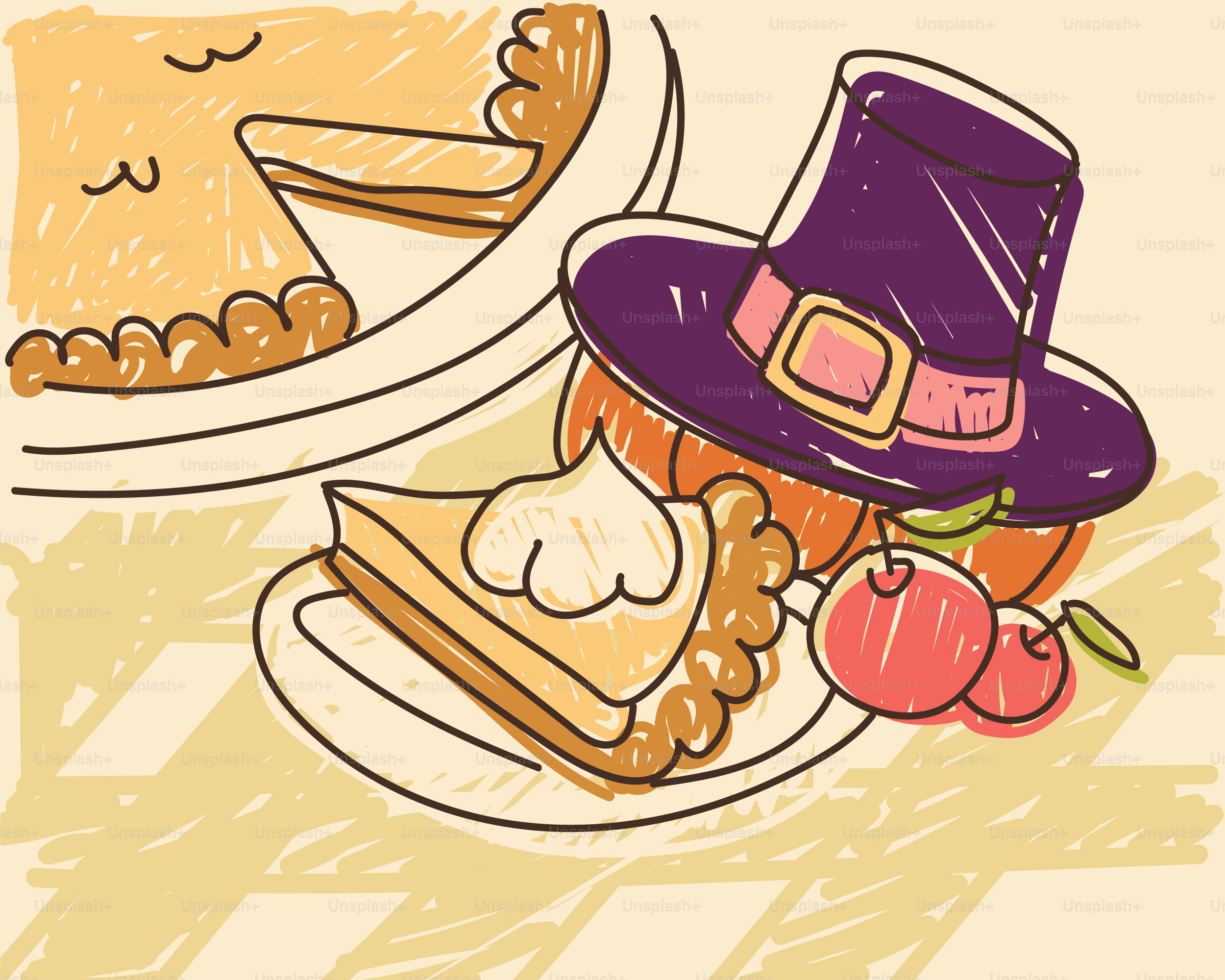 Thanksgiving pie, pumpkin, and cherries with hat
