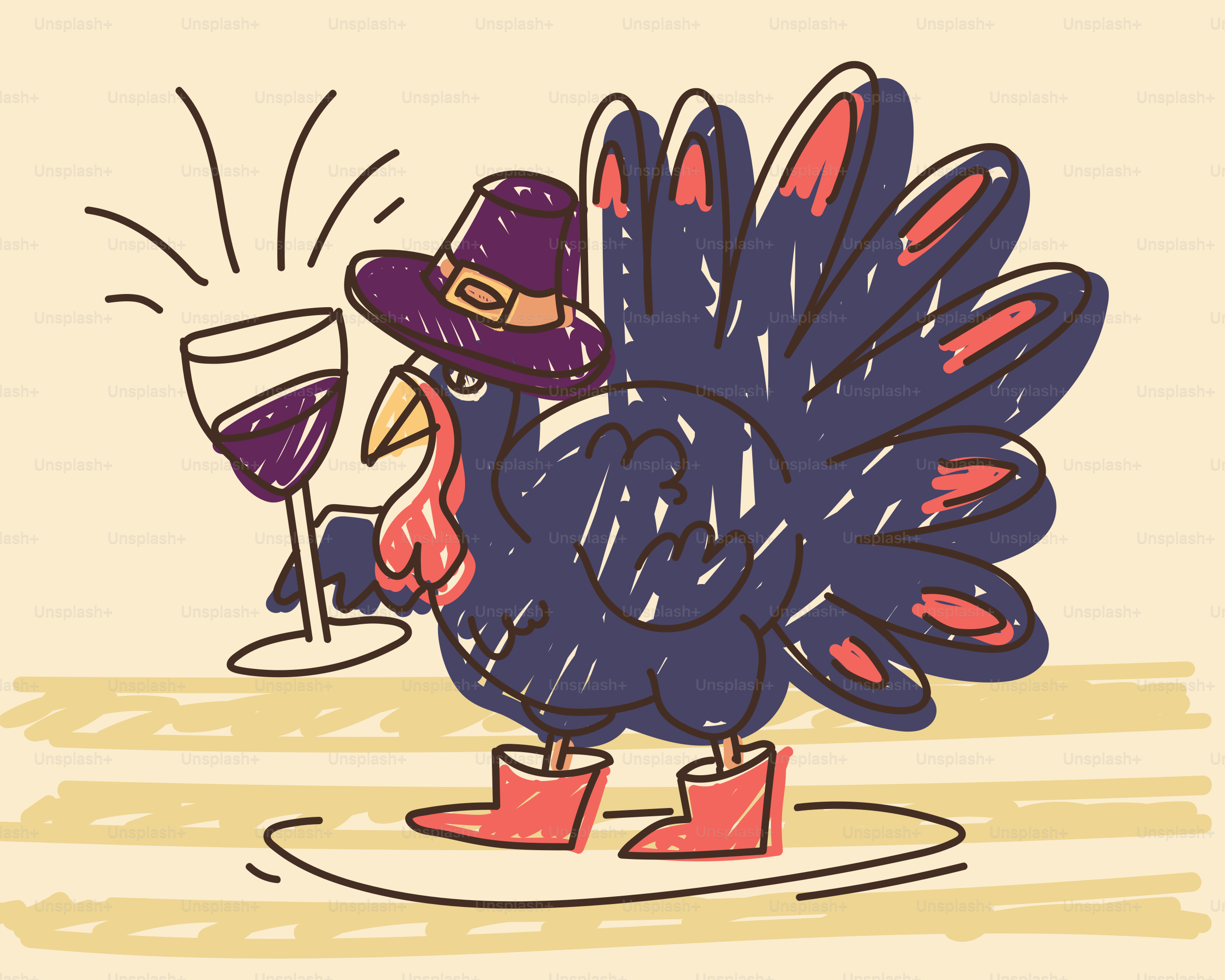 A cartoon turkey in a hat and boots holding wine.