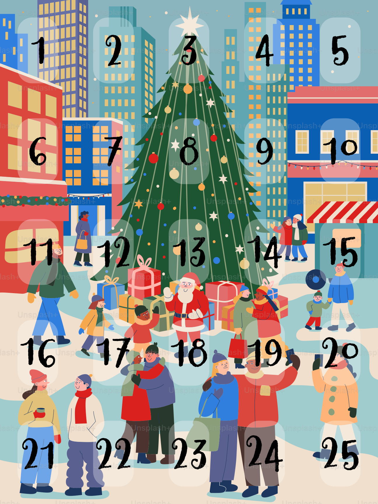 Calendário do advento de Natal com cena festiva da cidade