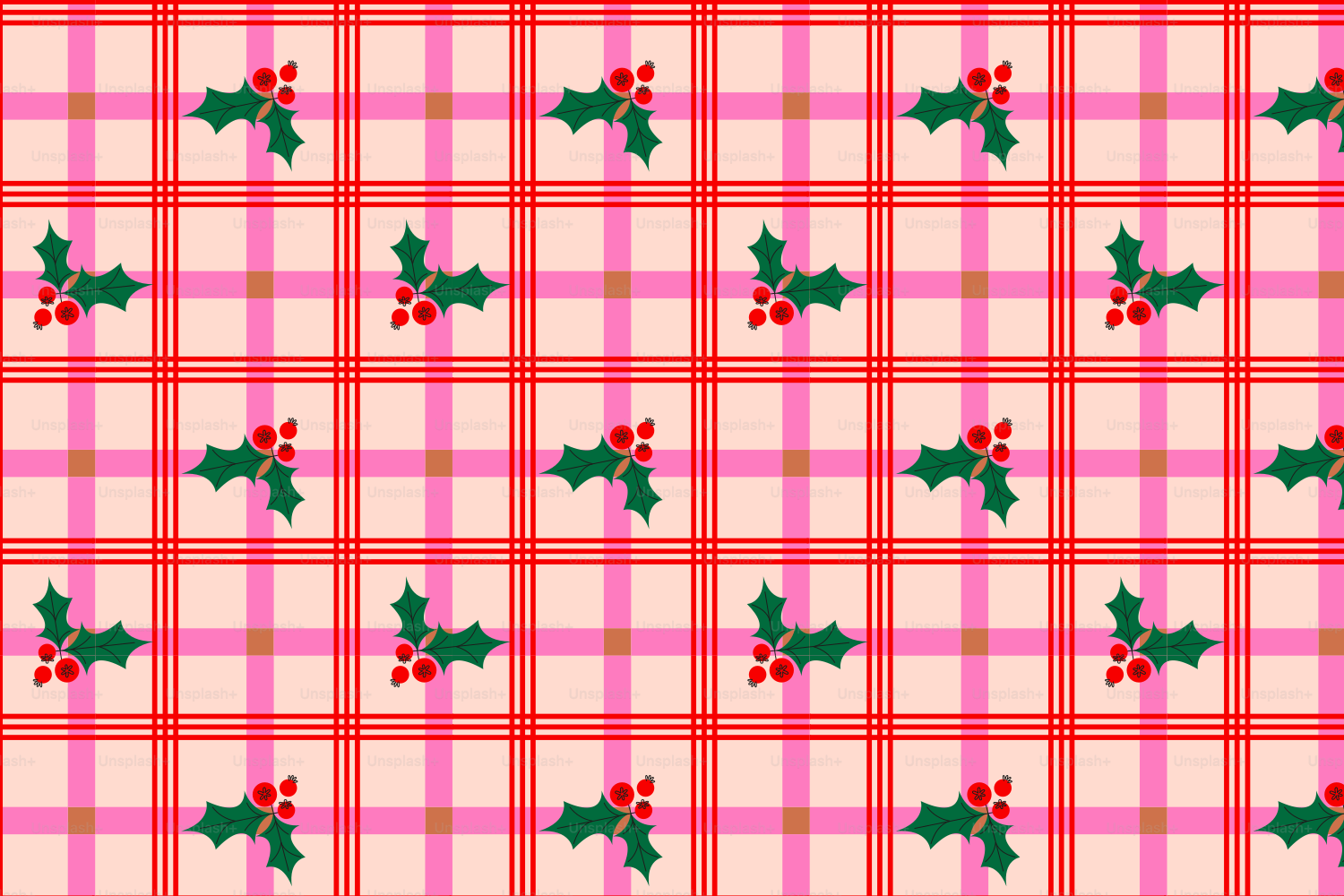 Christmas holly pattern on pink and red plaid background