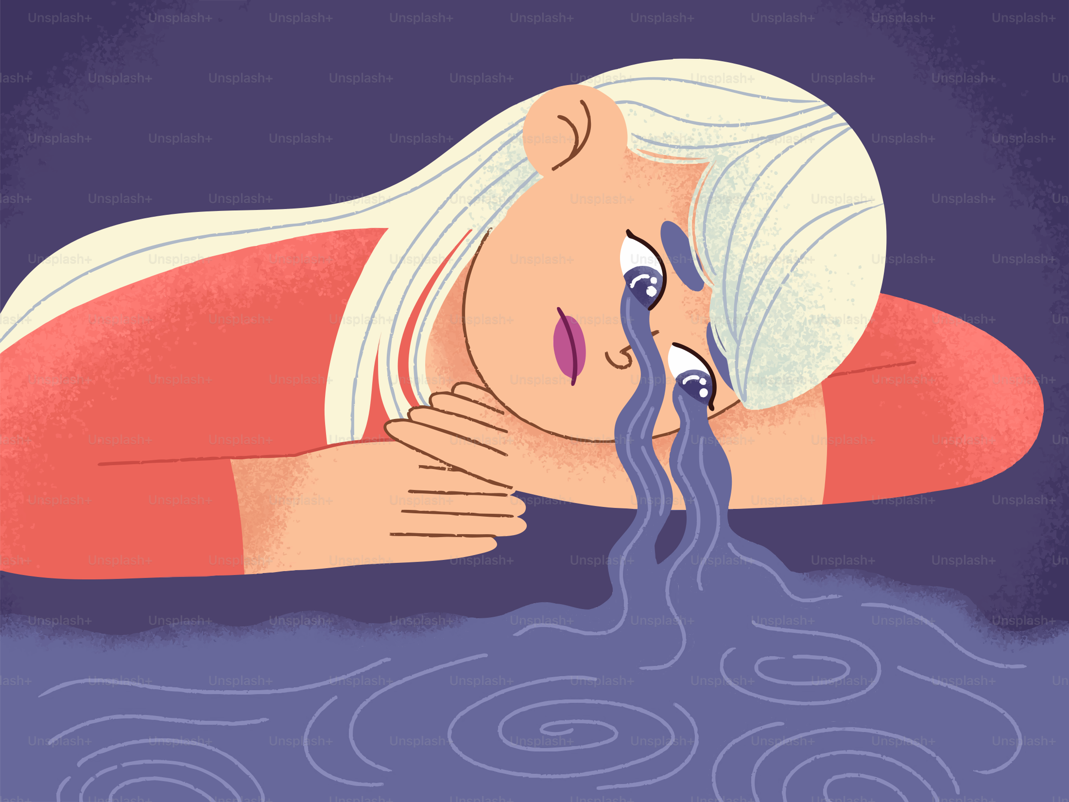 Woman crying profusely with tears forming waves