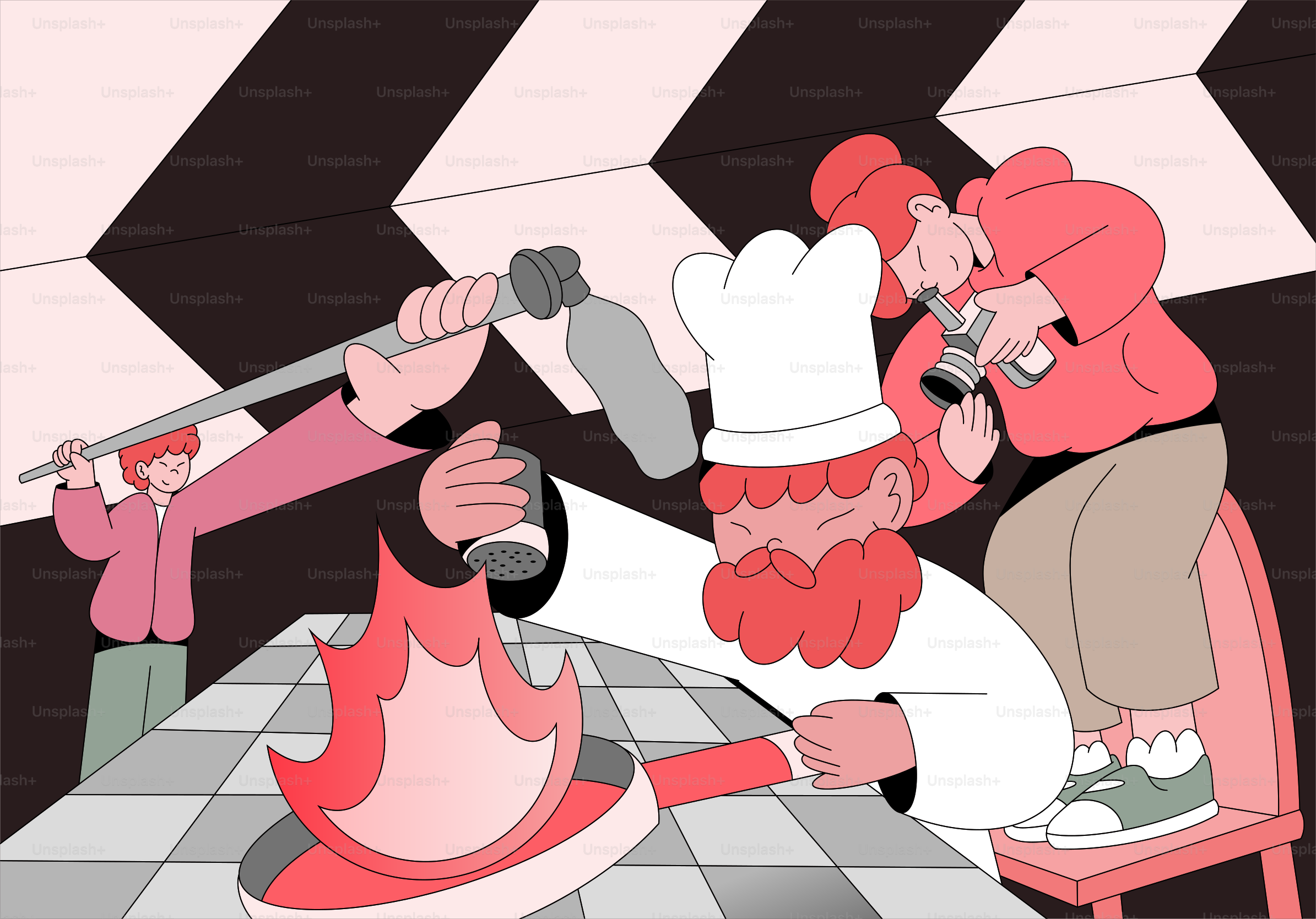 People cooking with fire and ingredients