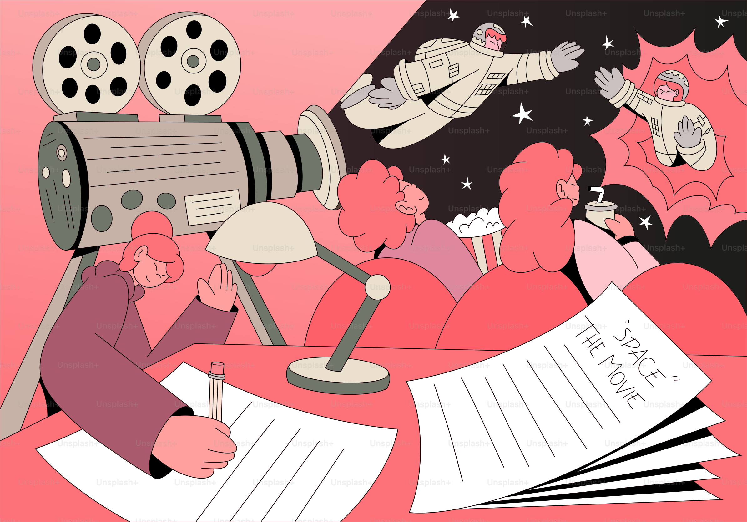 Pembuat film menulis naskah untuk film luar angkasa dengan astronot terbang.